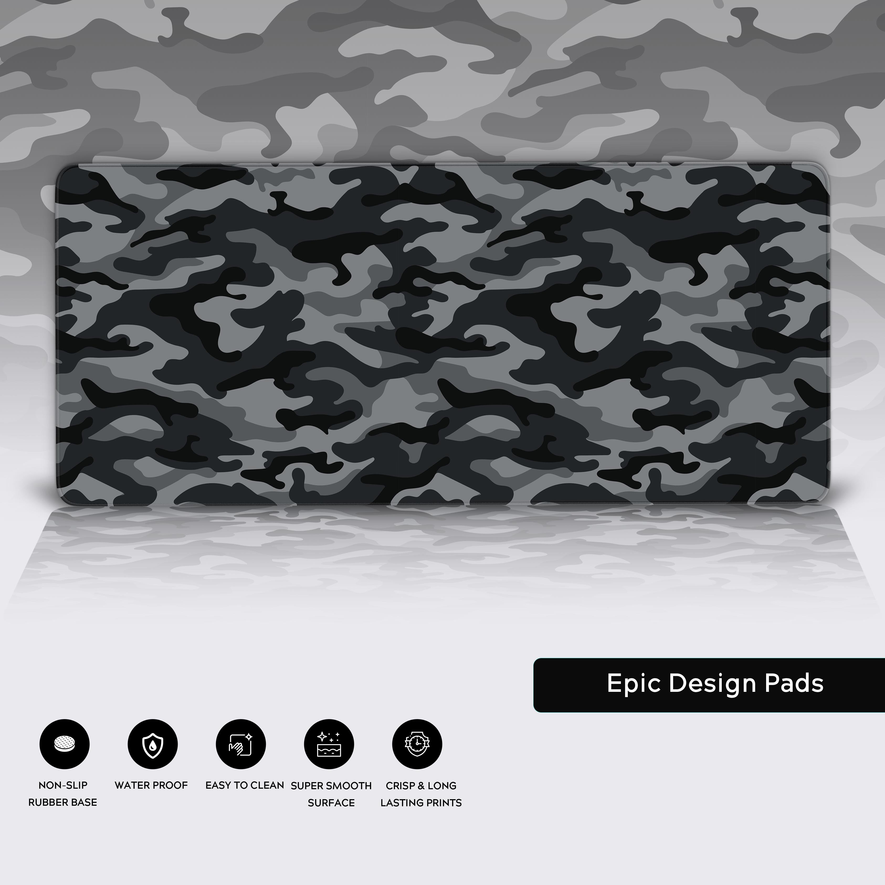Close-up of the Urban Grey Camo desk mat highlighting its premium stitched edges, water-resistant surface, and non-slip rubber base for stability. - Epic Design Pads