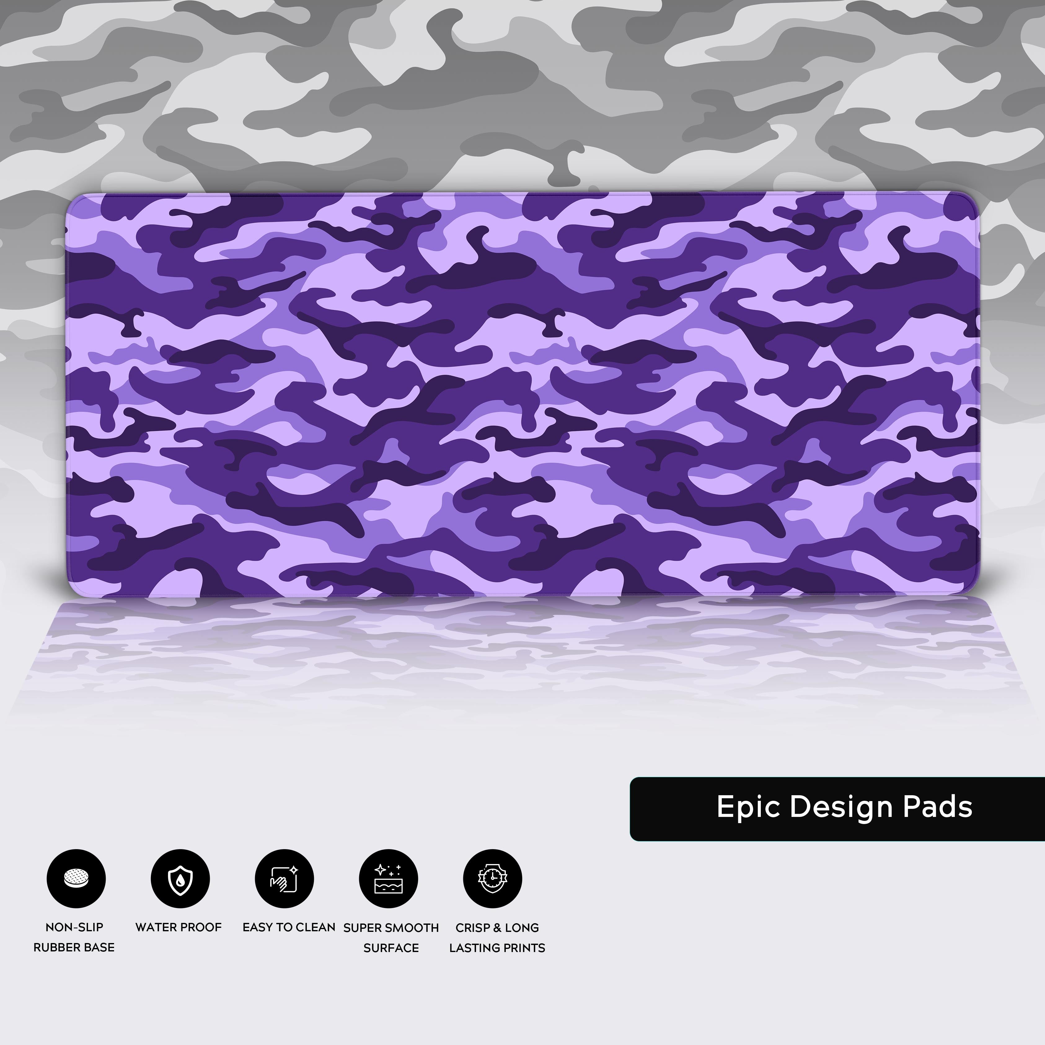Close-up of the Amethyst Camo desk mat showcasing its high-quality stitched edges, water-resistant surface, and non-slip rubber base. - Epic Design Pads