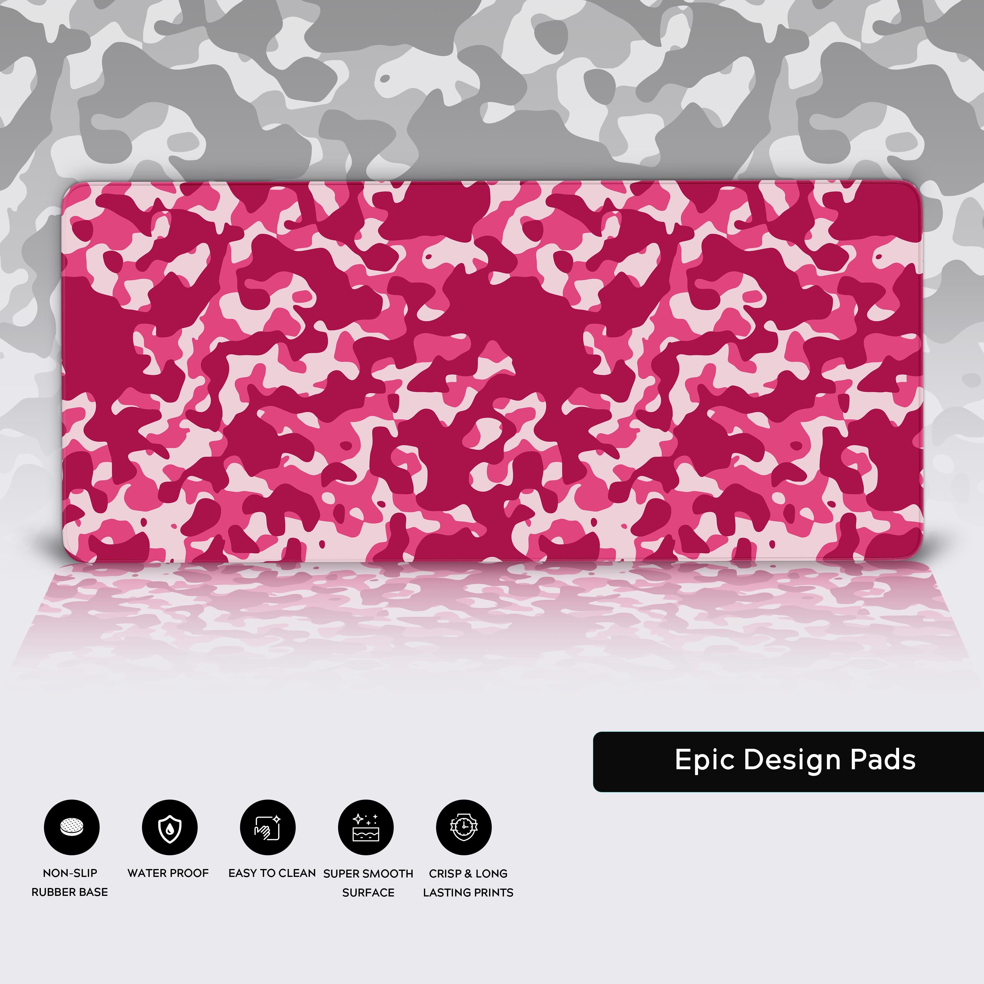 Close-up of the Rose Camo gaming desk mat highlighting the durable anti-fray stitched edges and the non-slip rubber base. - Epic Design Pads