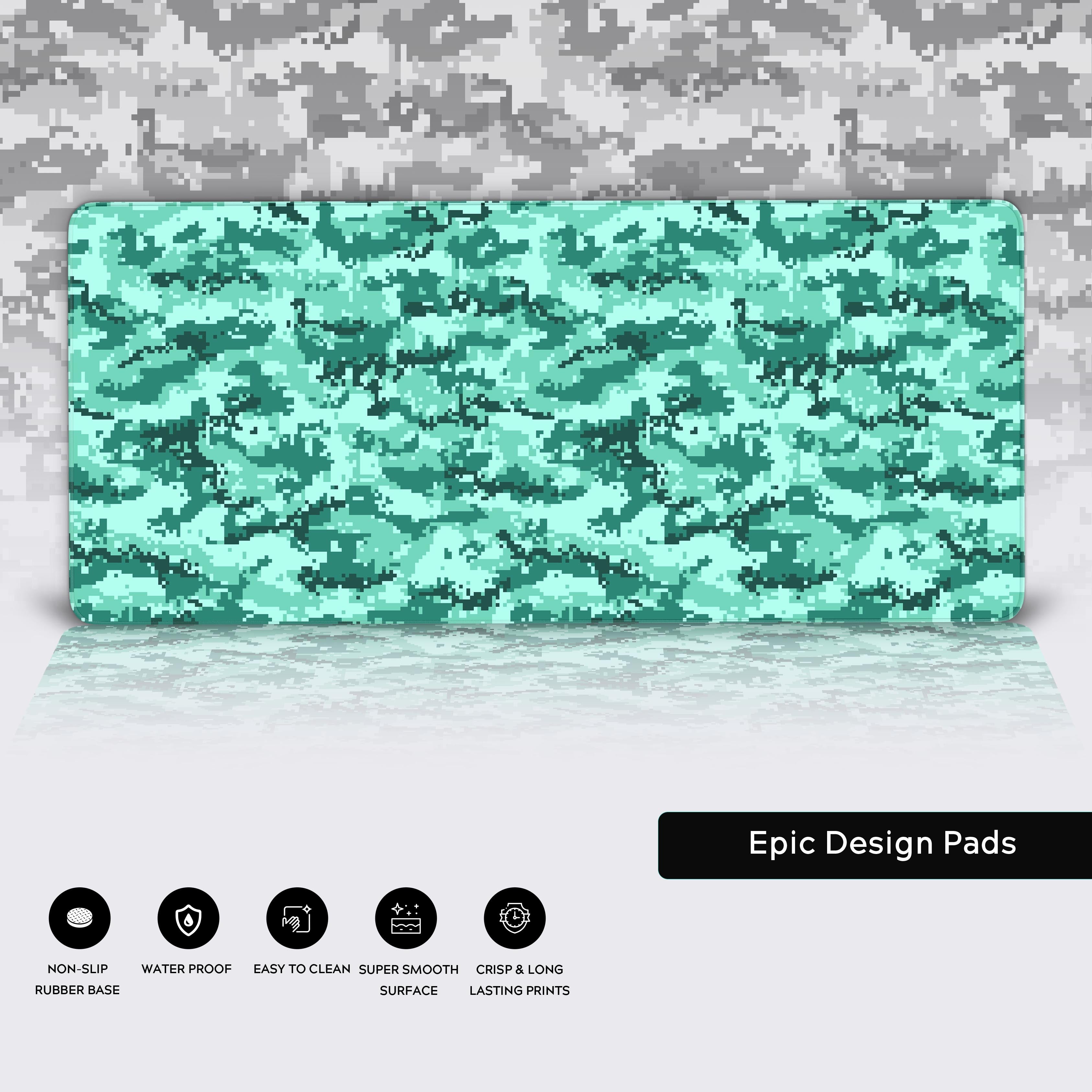Teal Pixel Camo desk mat showcasing details like durable stitched edges, a non-slip rubber base, and a water-resistant surface. - Epic Design Pads