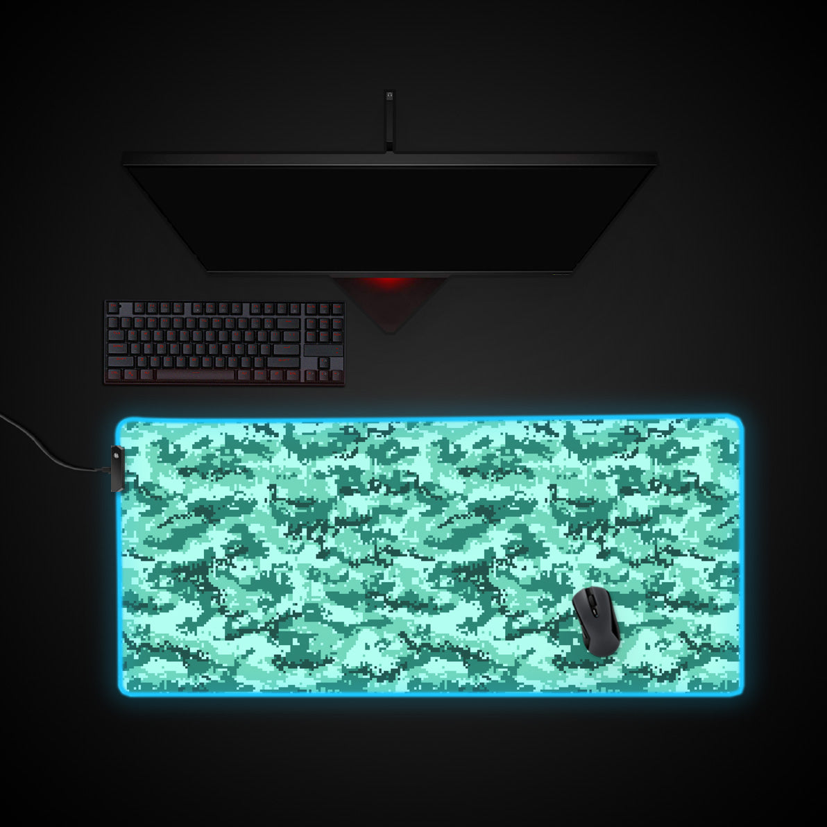 Teal Pixel Camo desk mat with RGB edge lighting
