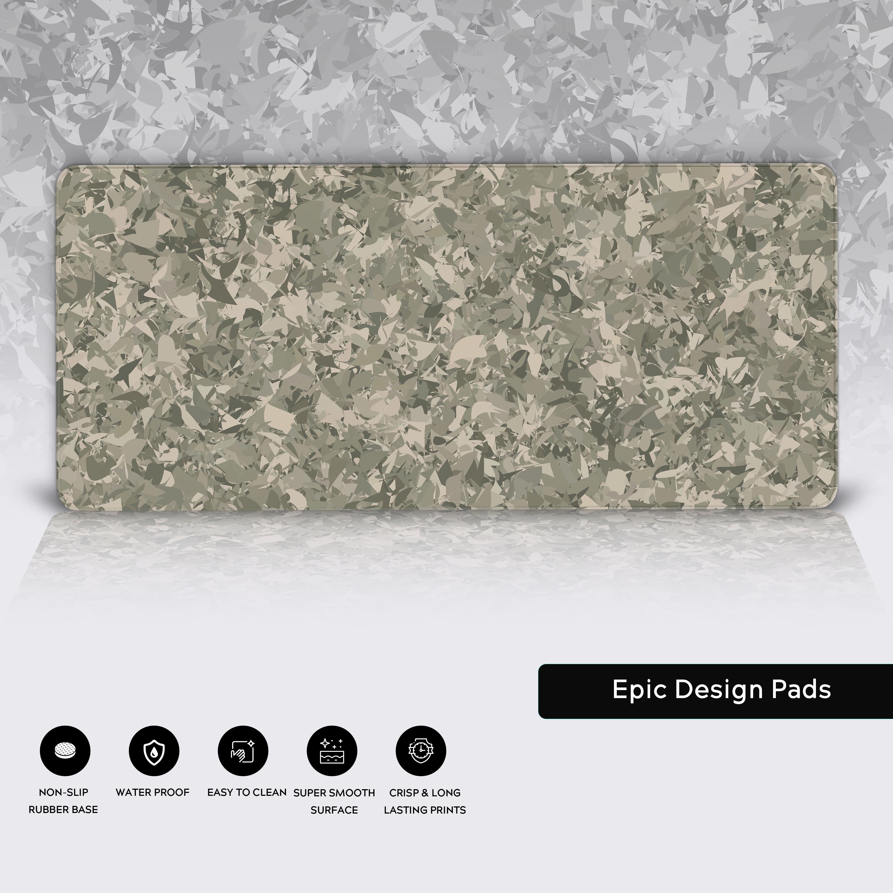 Fragment Camo desk mat showing details of the durable stitched edges and the non-slip rubber base for stability. - Epic Design Pads
