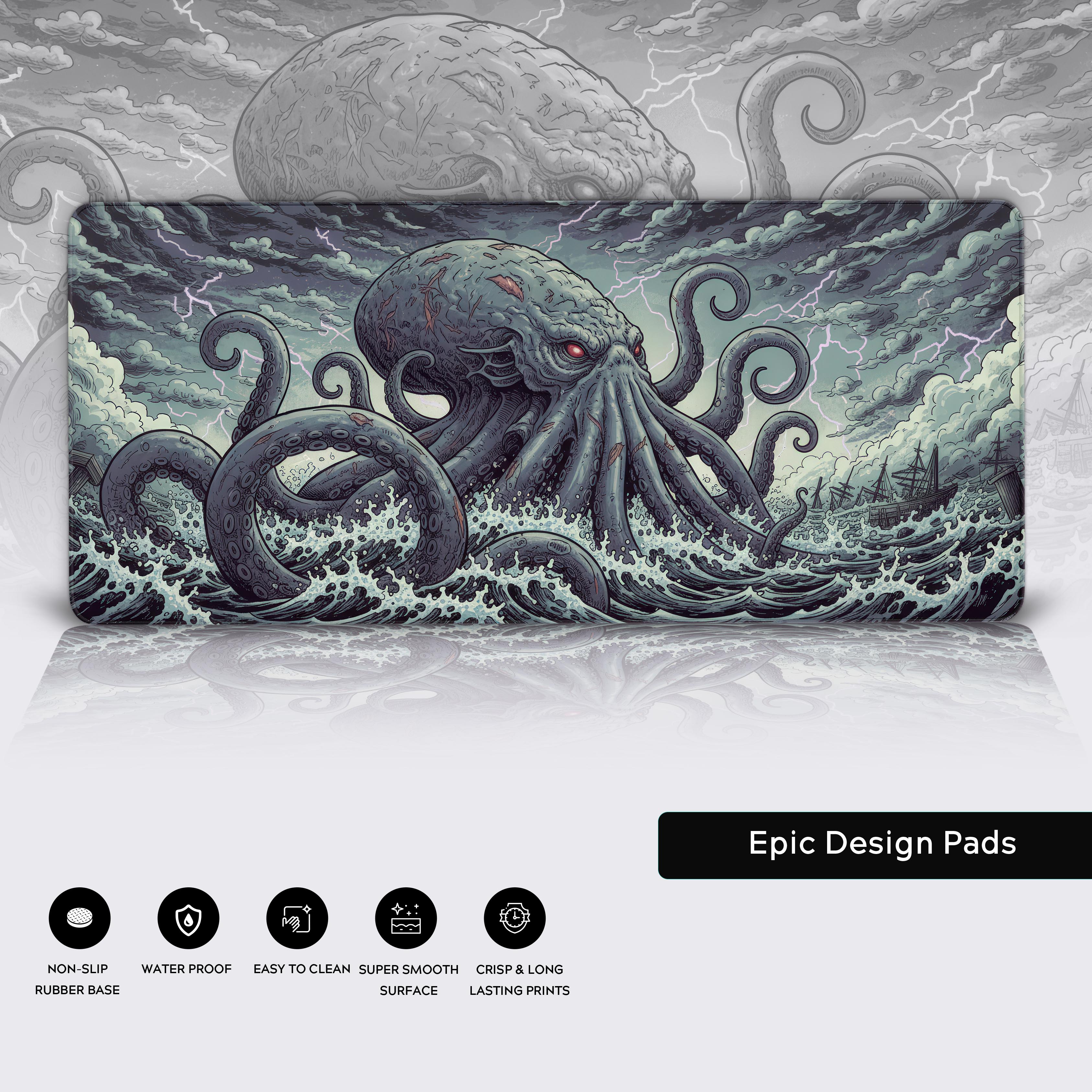 Kraken sea monster gaming desk mat showcasing its durable stitched edges, water-resistant surface, and non-slip rubber base. - Epic Design Pads