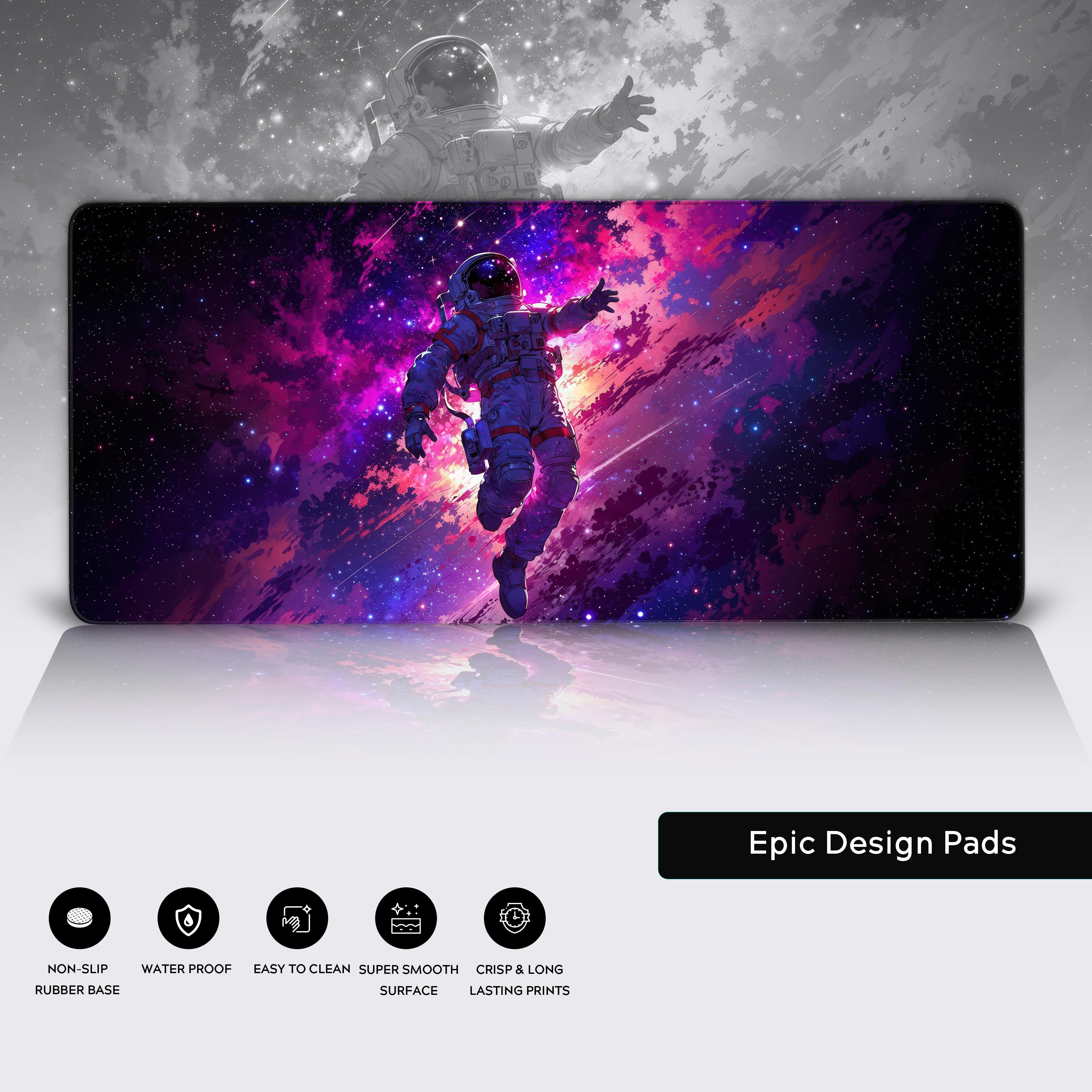Nebula Navigator space desk mat highlighting the detailed astronaut art, durable stitched edges, and non-slip rubber base. - Epic Design Pads