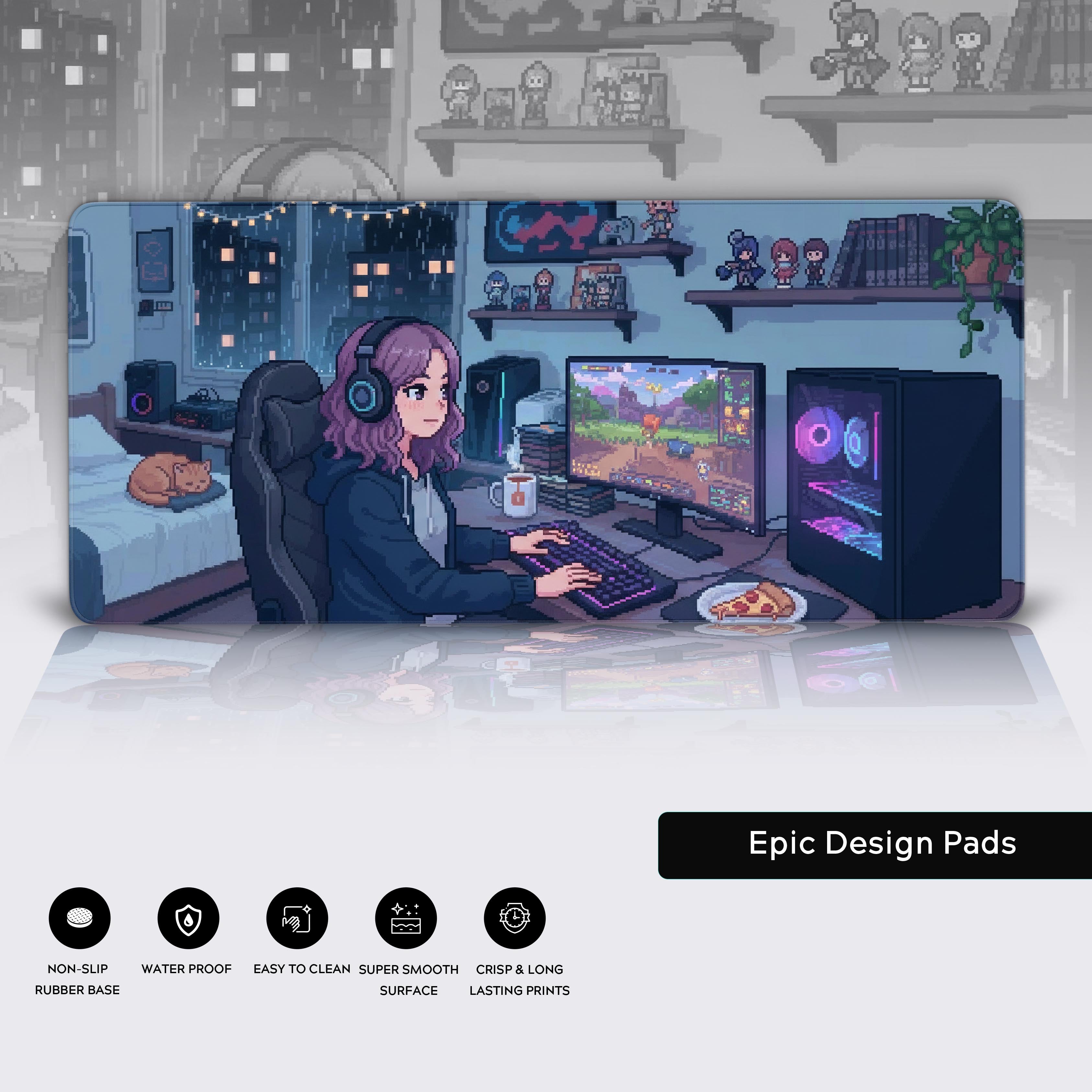 Pixel Gamer gaming desk mat highlighting the stitched edges, water-resistant surface, and non-slip rubber base for stability. - Epic Design Pads