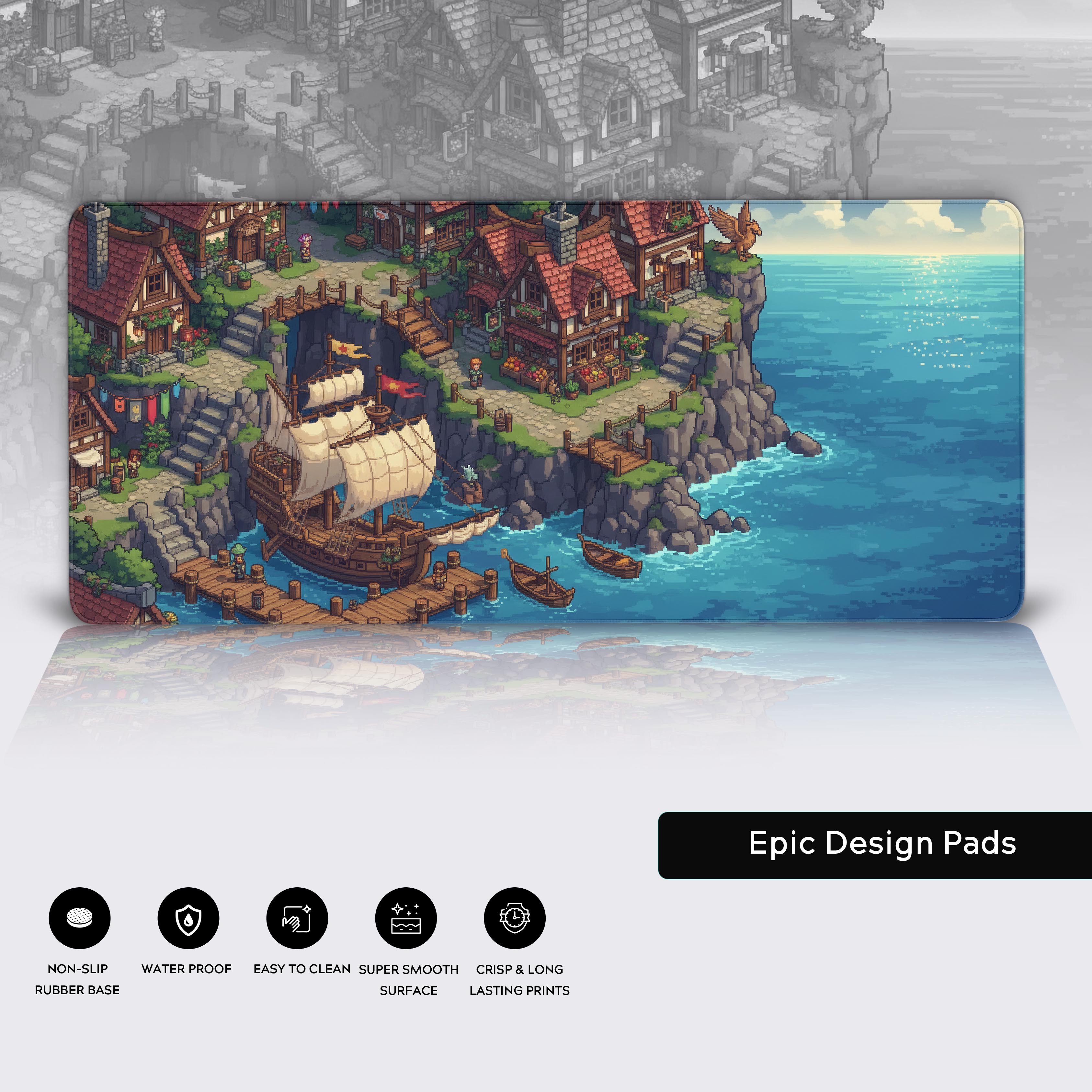 Close-up of the Seaside Village pixel art desk mat highlighting its durable stitched edges, water-resistant surface, and non-slip rubber base for stability. - Epic Design Pads