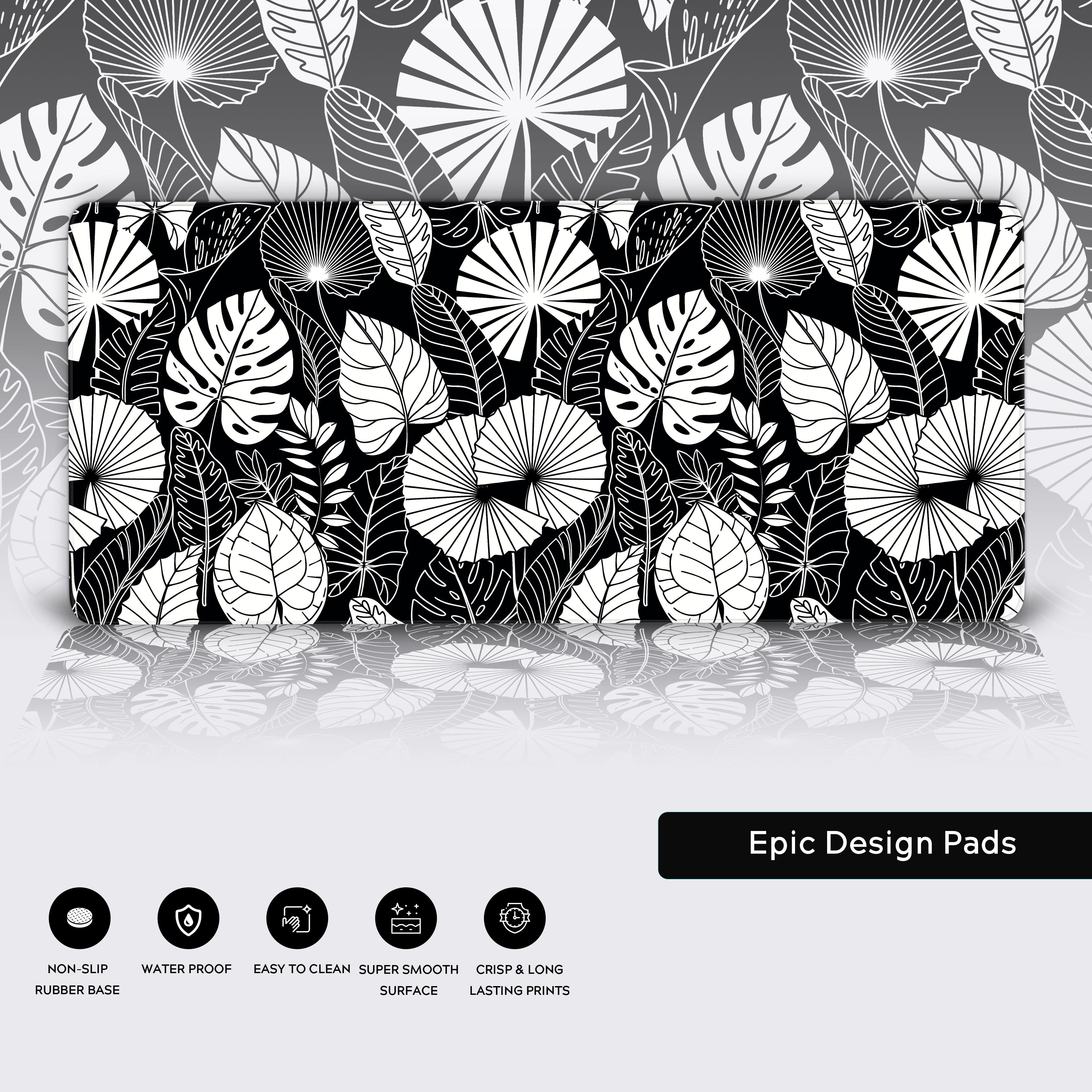 Close-up of the Botanical Black desk mat showcasing its water-resistant surface, detailed stitched edges, and non-slip rubber base. - Epic Design Pads