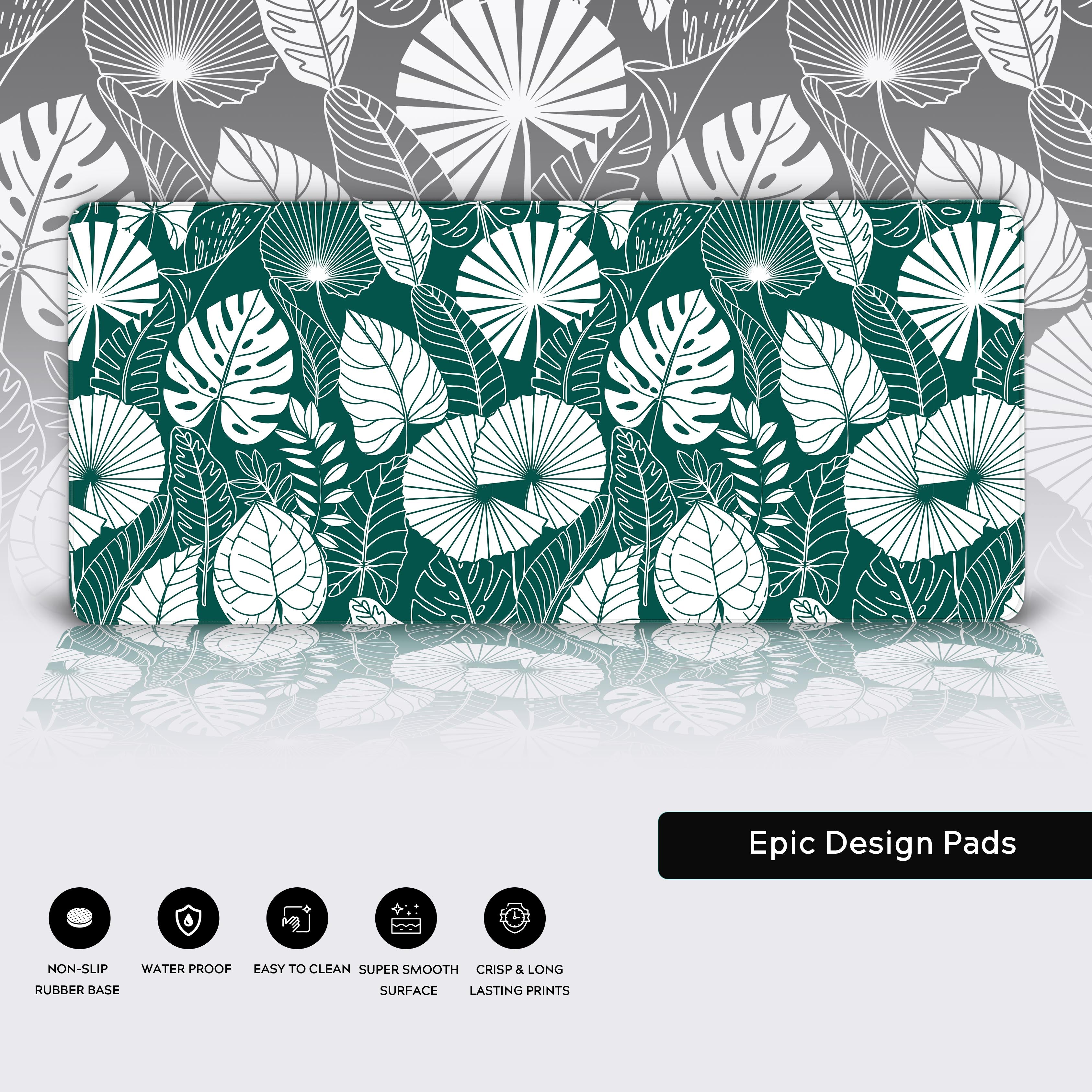 Close-up of the Botanical Teal desk mat showcasing its high-quality stitched edges, water-resistant surface, and non-slip rubber base. - Epic Design Pads