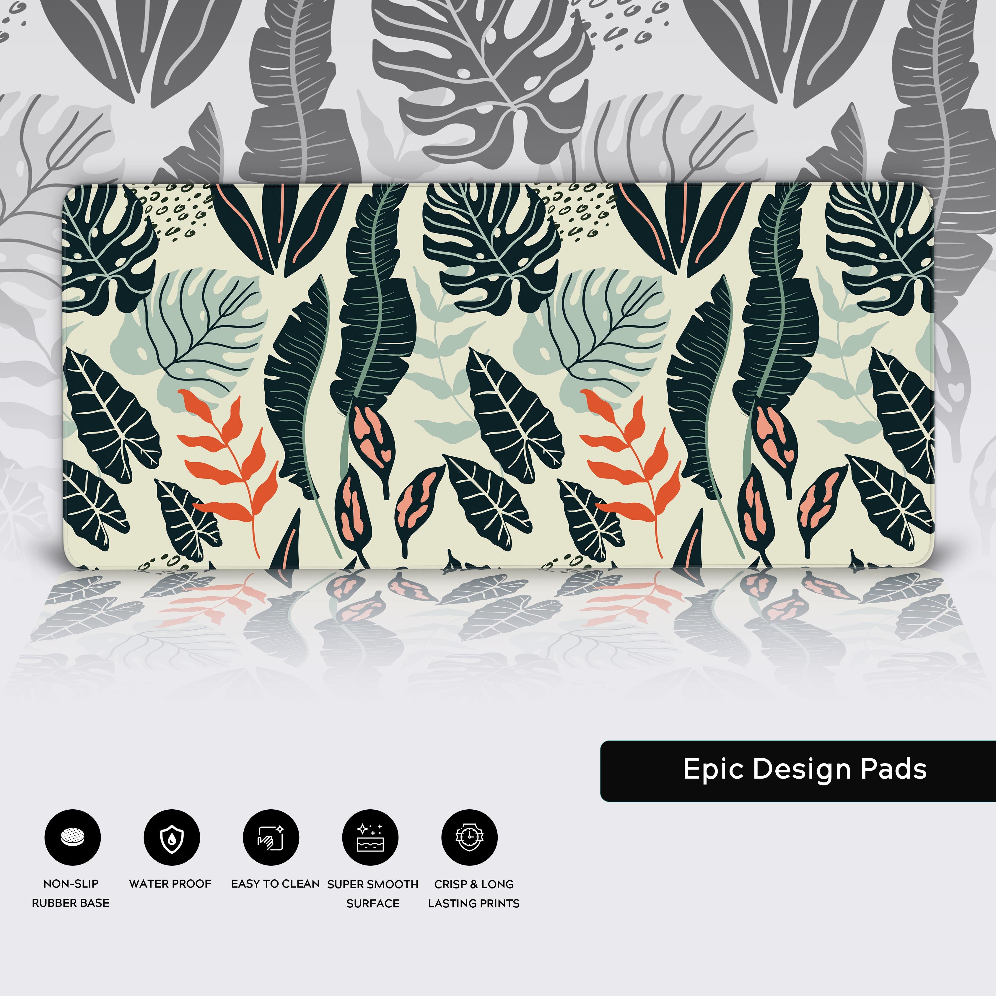 Close-up of the Wild Botanical Desk Mat showcasing the high-quality stitched edges, water-resistant surface, and non-slip rubber base. - Epic Design Pads
