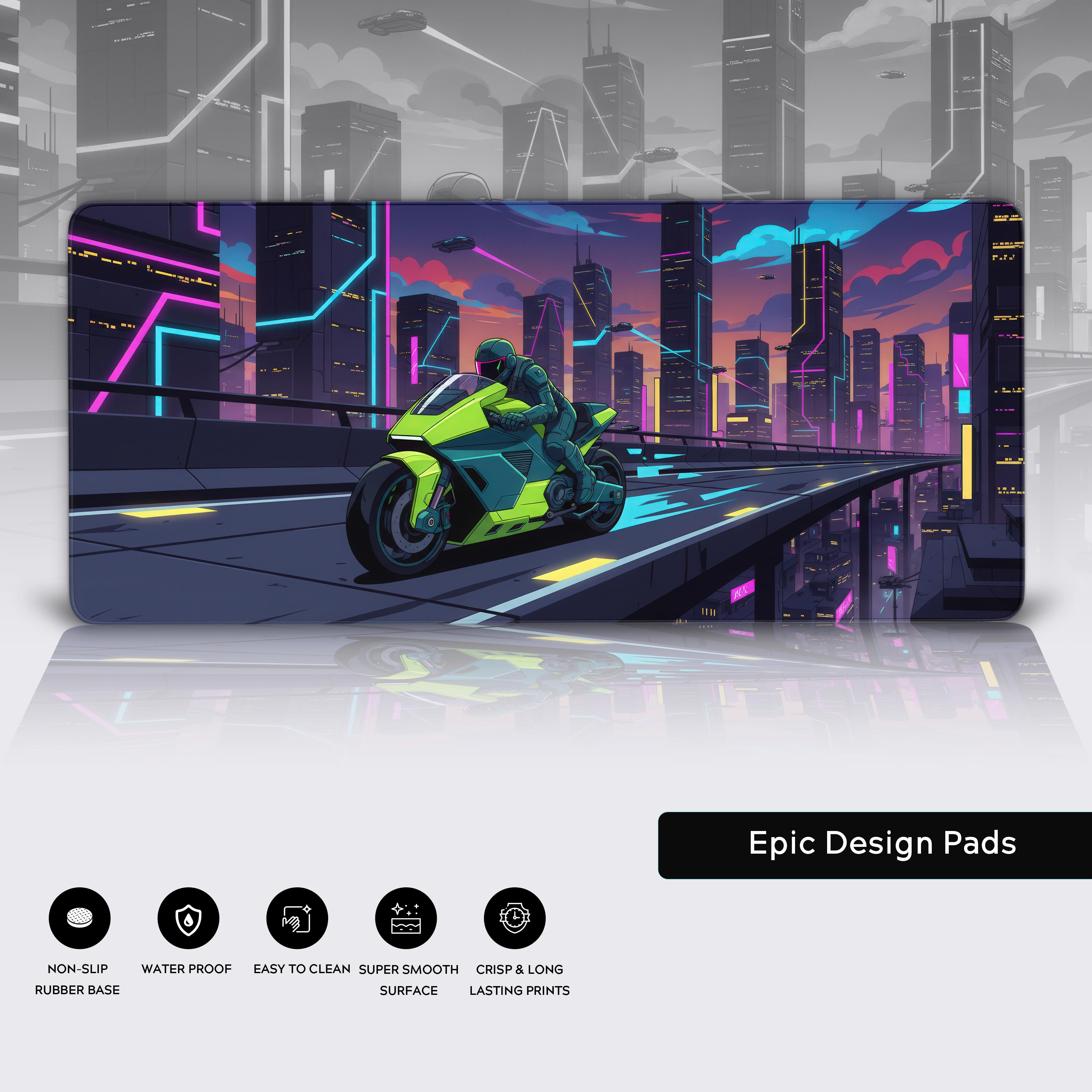 Cyber Racer cyberpunk desk mat showcasing the quality details of its stitched edges, water-resistant surface, and non-slip rubber base. - Epic Design Pads