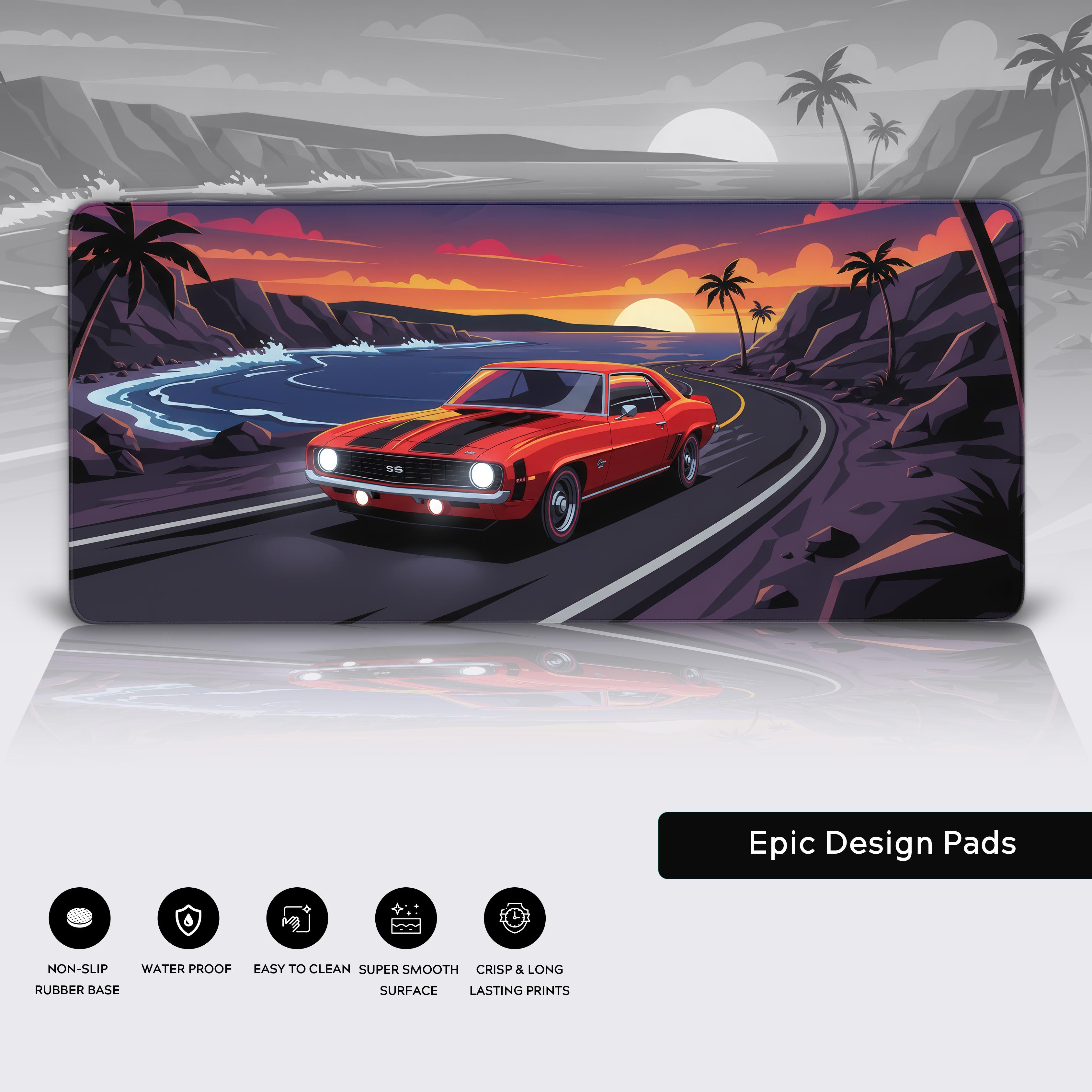 Sunset Drive muscle car desk mat – close-up showcasing the durable stitched edges and non-slip rubber base for precision control. - Epic Design Pads