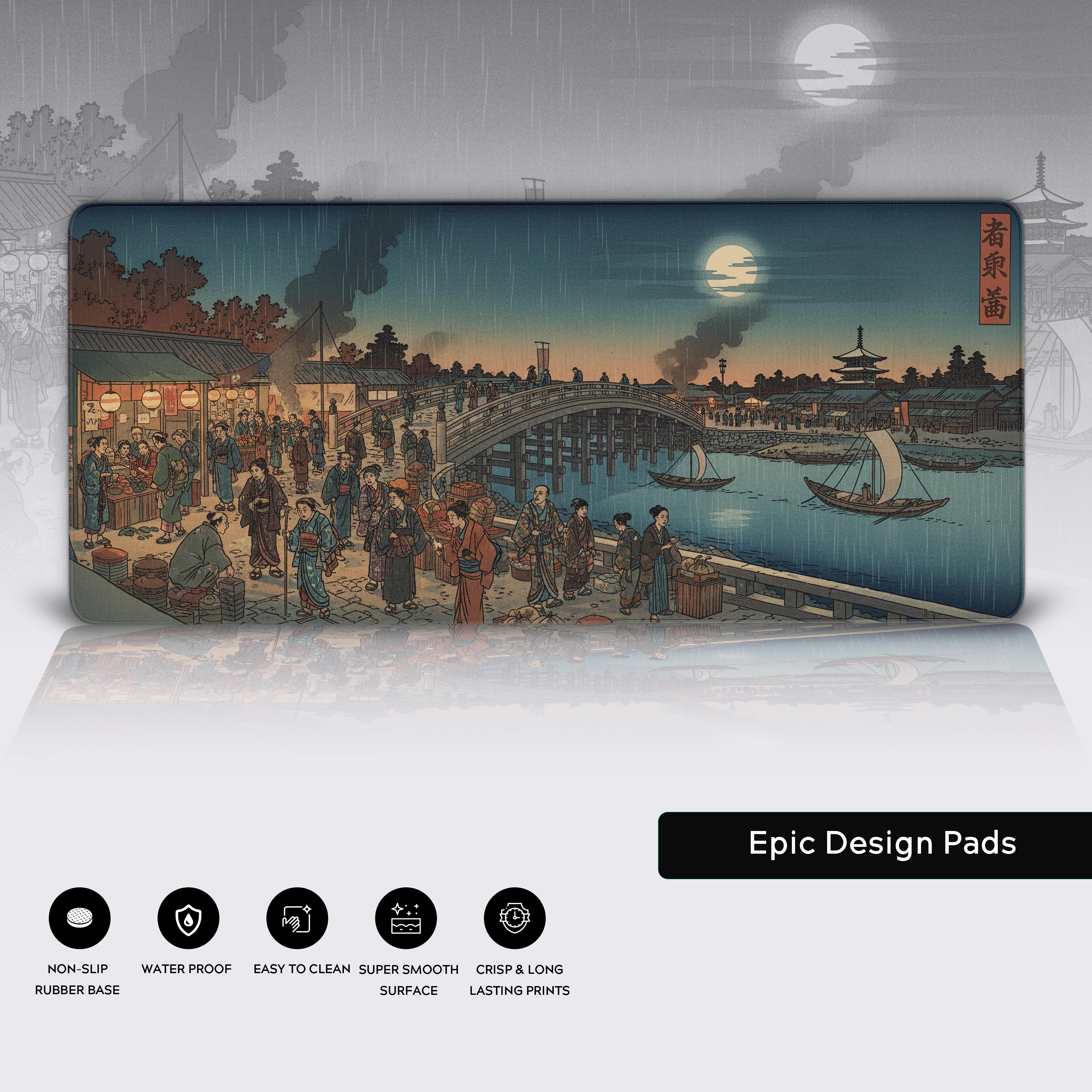 Japanese "Market Bridge" desk mat showcasing its durable stitched edges, water-resistant surface, and a non-slip rubber base. - Epic Design Pads