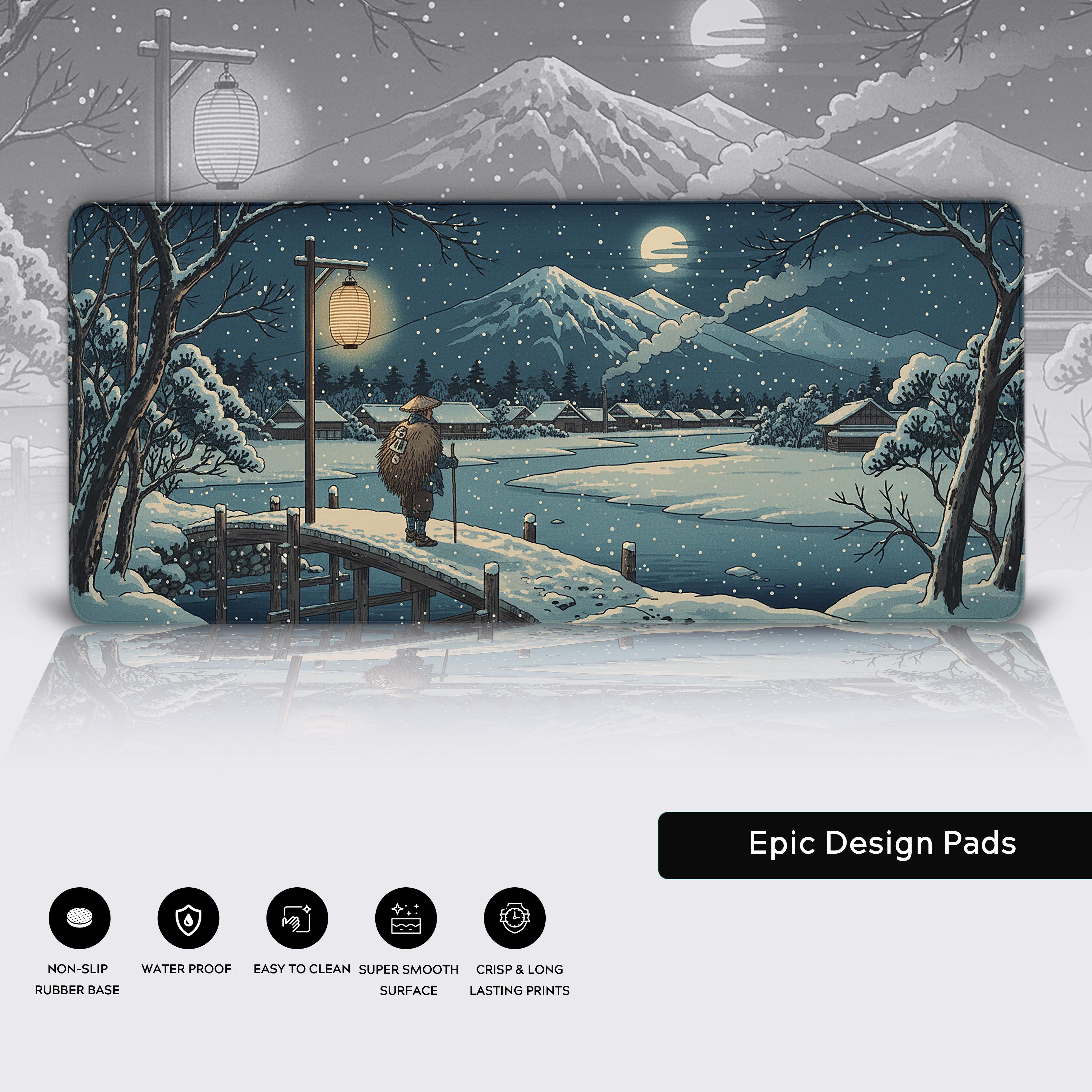 Winter Journey desk mat showing details – close-up of the stitched edges, non-slip rubber base, and water-resistant surface. - Epic Design Pads