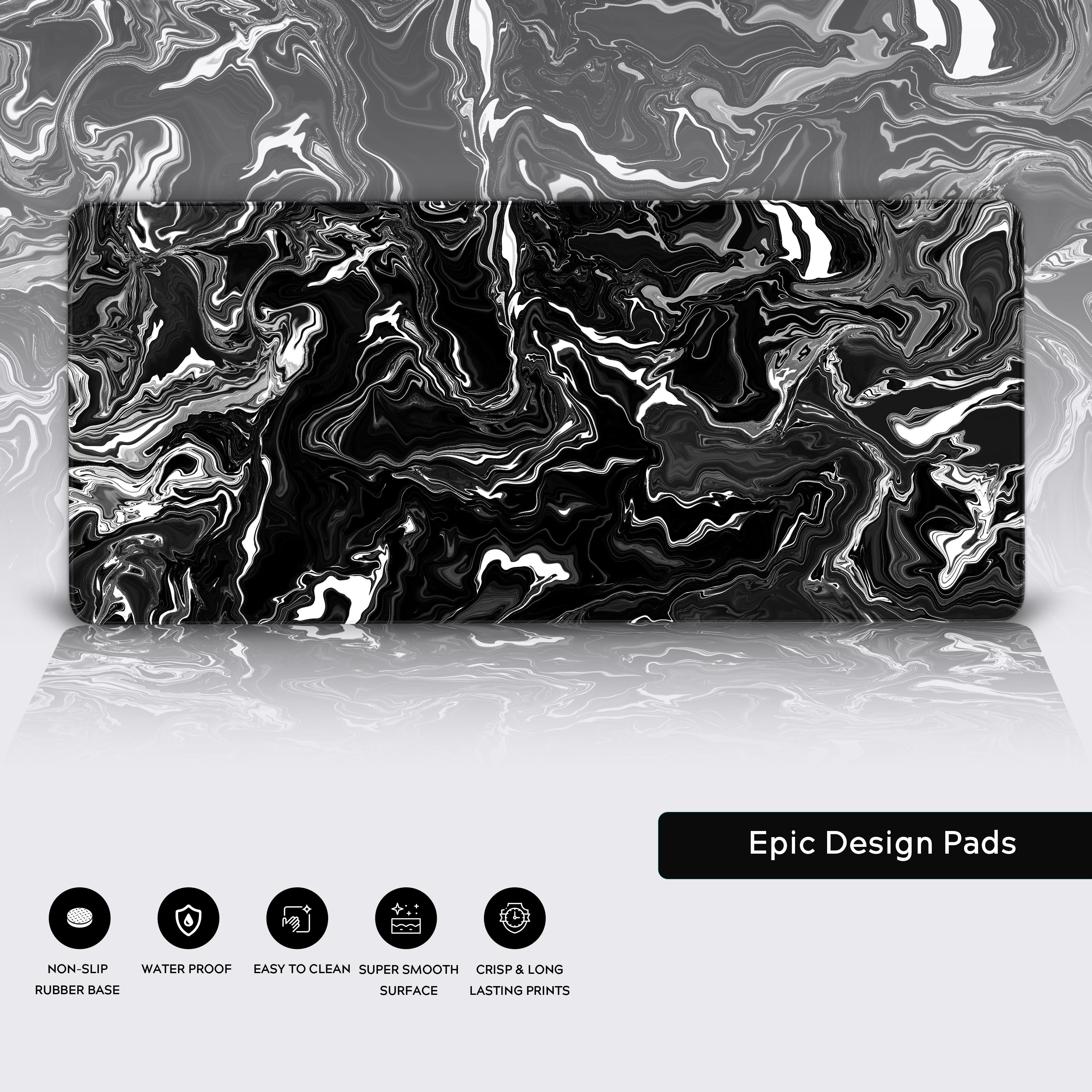 Liquid Black gaming desk mat showcasing its premium features: stitched edges, water-resistant surface, and non-slip rubber base. - Epic Design Pads