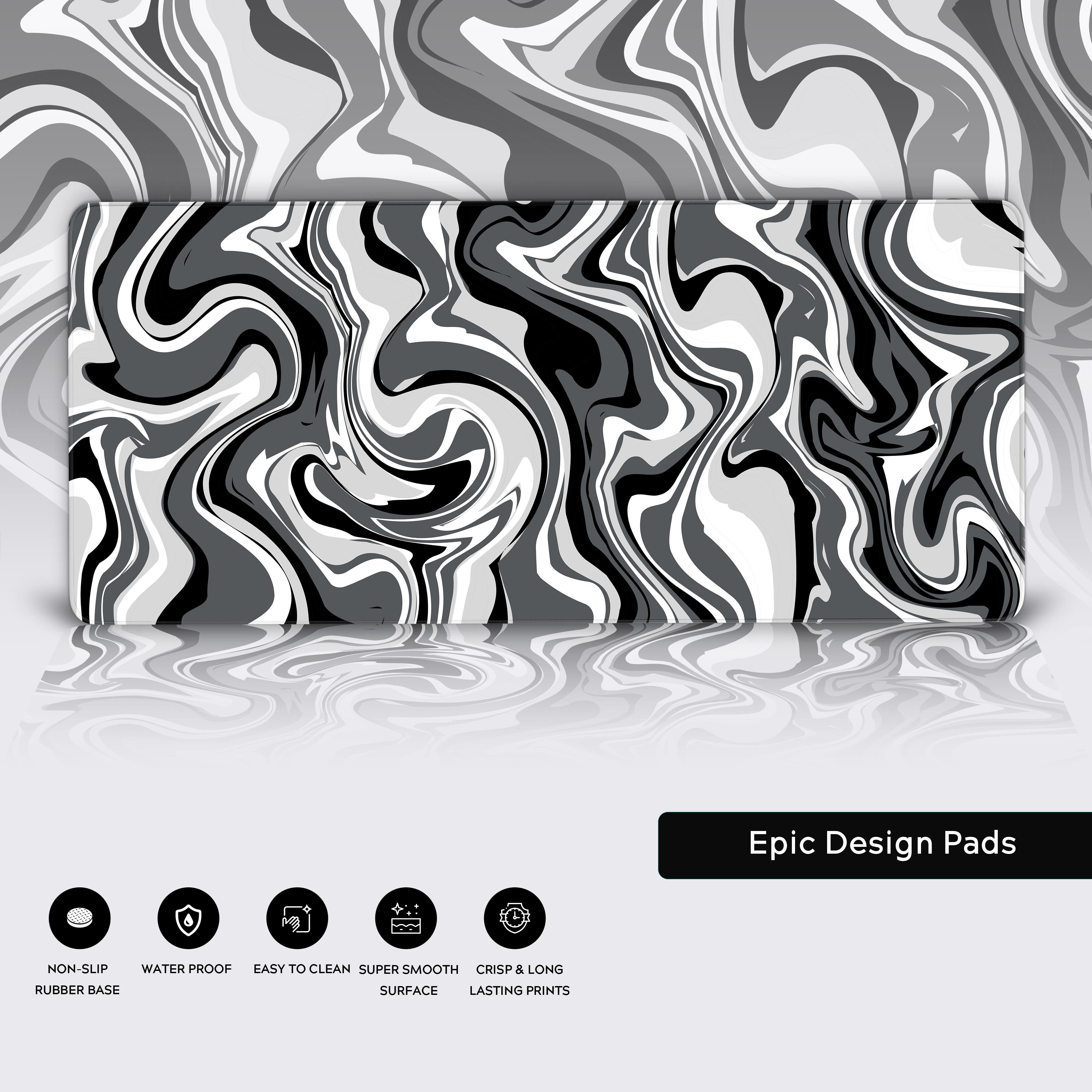 Liquid Agate abstract marble mouse pad showcasing its durable stitched edges, water-resistant surface, and non-slip rubber base. - Epic Design Pads