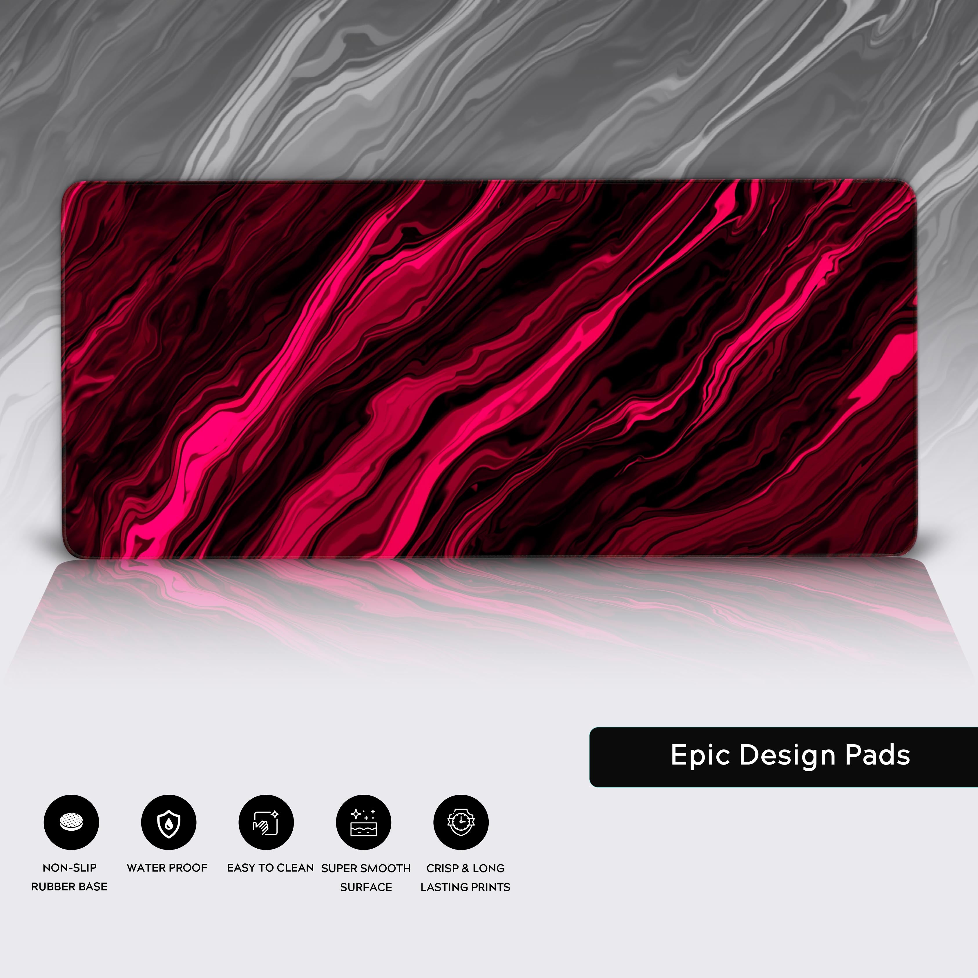 Close-up of the Liquid Red desk mat showcasing its water-resistant surface, durable stitched edges, and non-slip rubber base for peak performance. - Epic Design Pads
