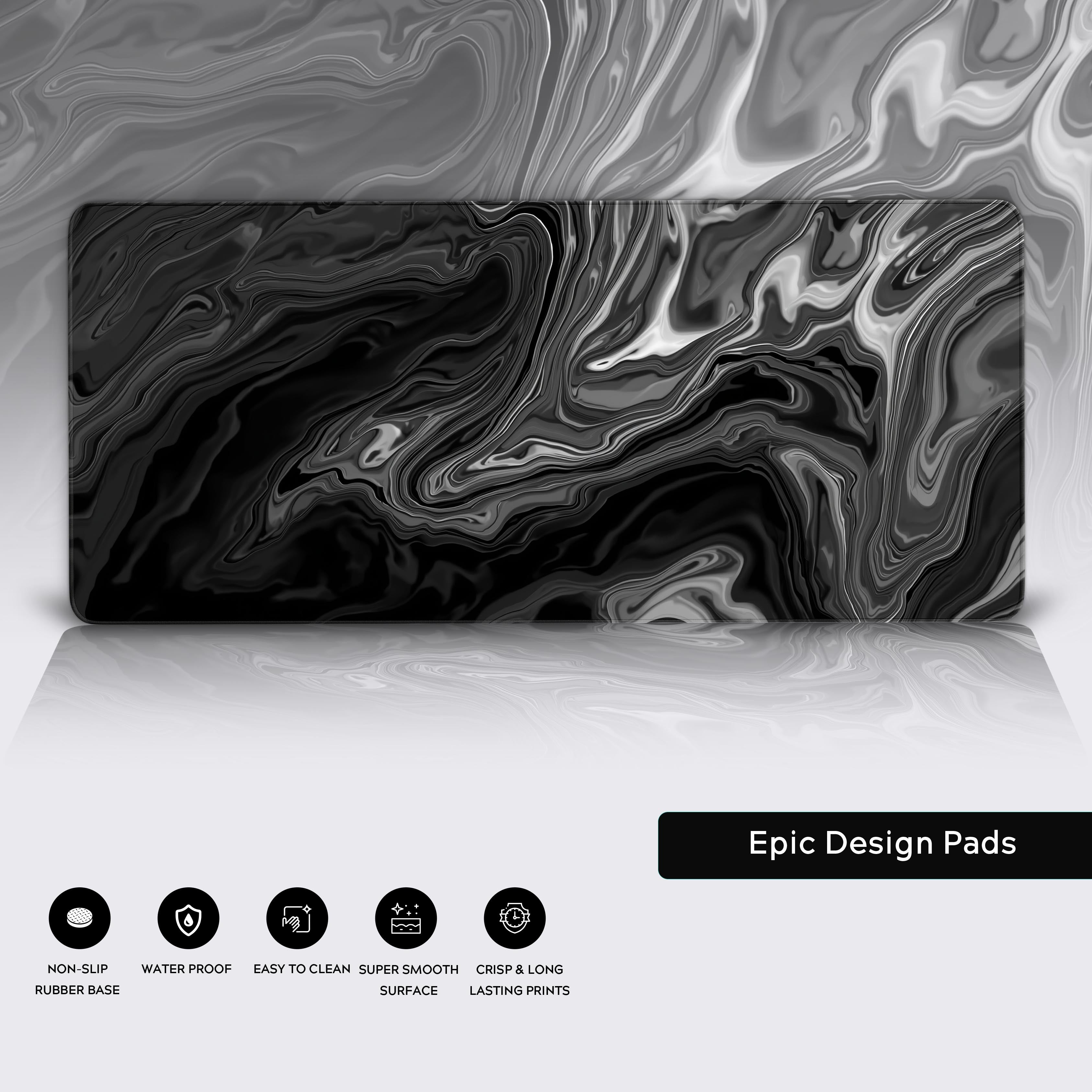 Close-up of the Liquid Grey abstract desk mat highlighting its premium stitched edges, water-resistant surface, and non-slip rubber base for stability. - Epic Design Pads