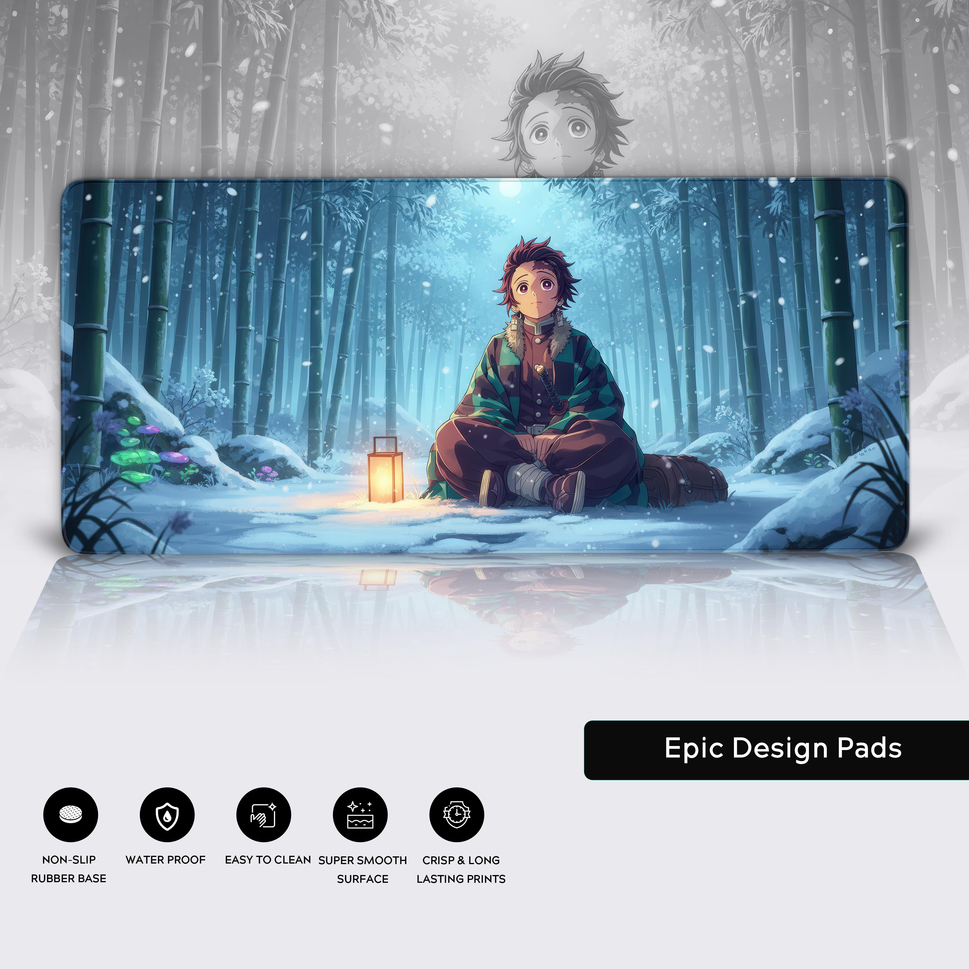 Close-up of the Winter Solitude anime desk mat showing the durable stitched edges, water-resistant surface, and non-slip rubber base. - Epic Design Pads