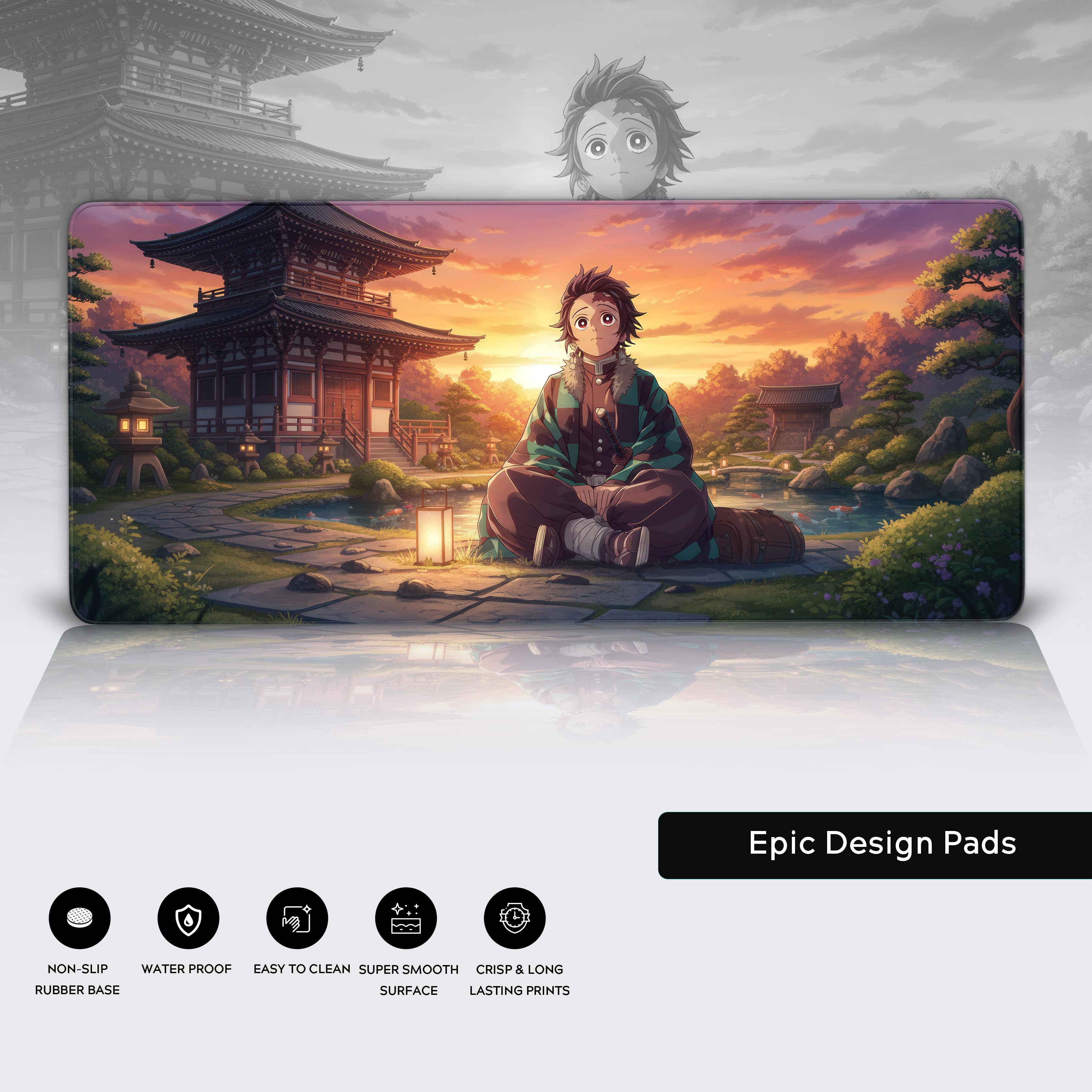 Close-up of the Temple Dawn anime desk mat, showcasing the high-quality stitched edges, non-slip rubber base, and smooth, water-resistant surface. - Epic Design Pads
