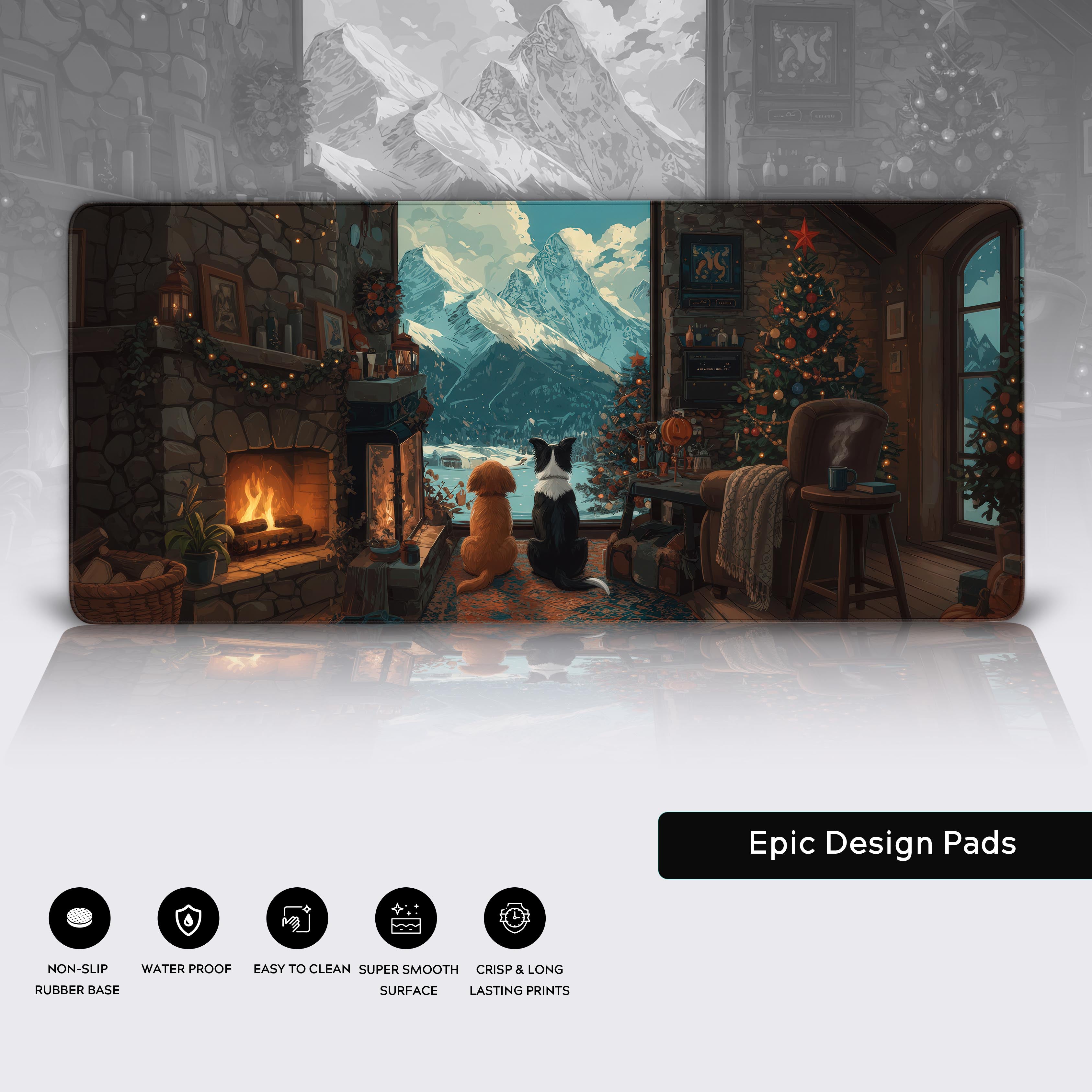 Close-up of the Winter View desk mat showcasing its durable stitched edges, water-resistant surface, and non-slip rubber base. - Epic Design Pads