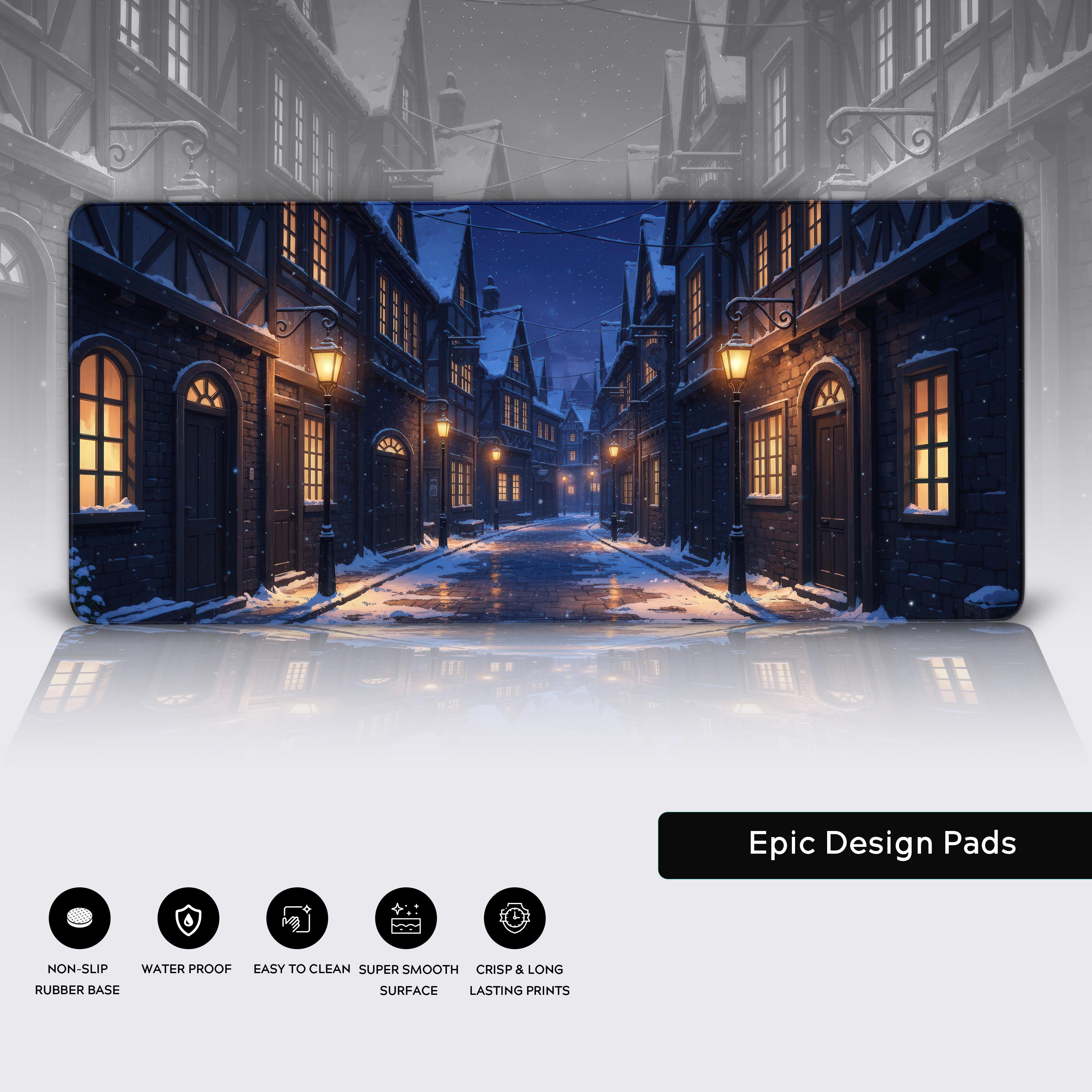Close-up of the Cobblestone Winter desk mat highlighting the durable stitched edges, smooth water-resistant surface, and non-slip rubber base. - Epic Design Pads