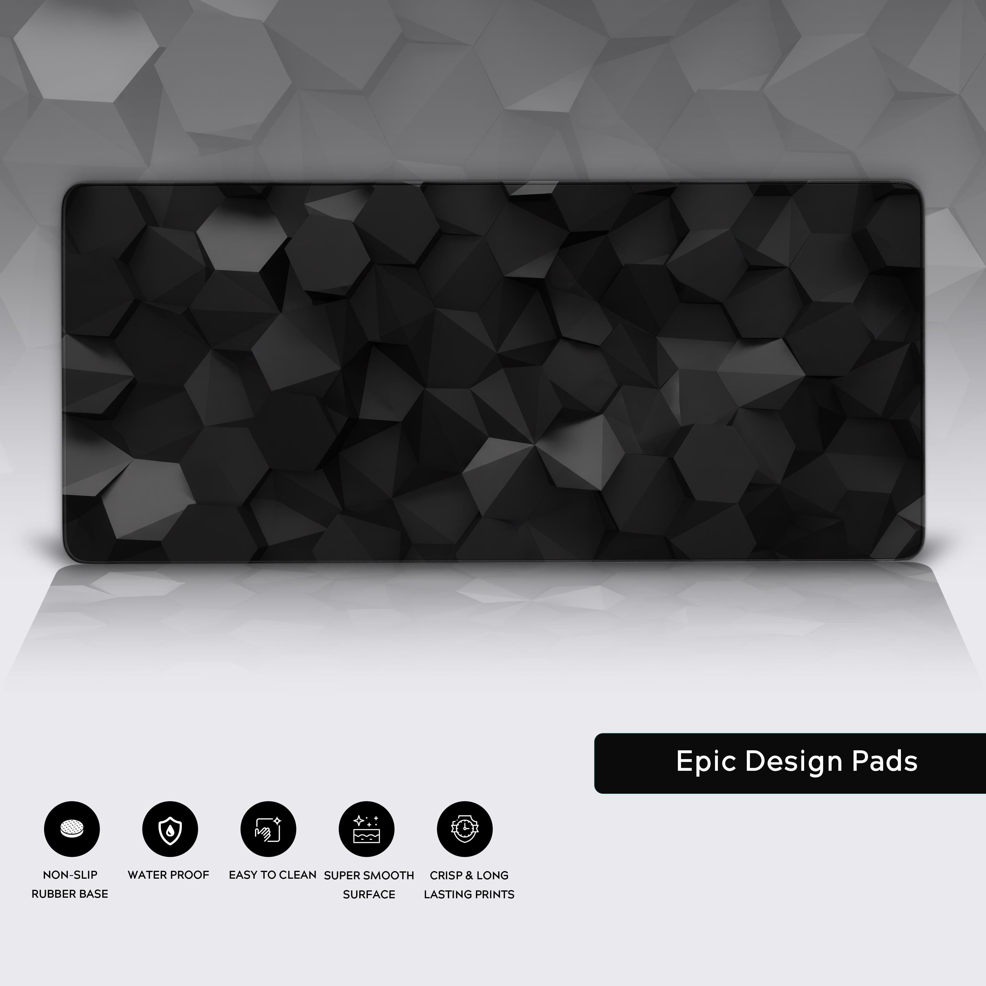 Black geometric desk mat showing durable stitched edges, a water-resistant surface, and a close-up of the non-slip rubber base. - Epic Design Pads