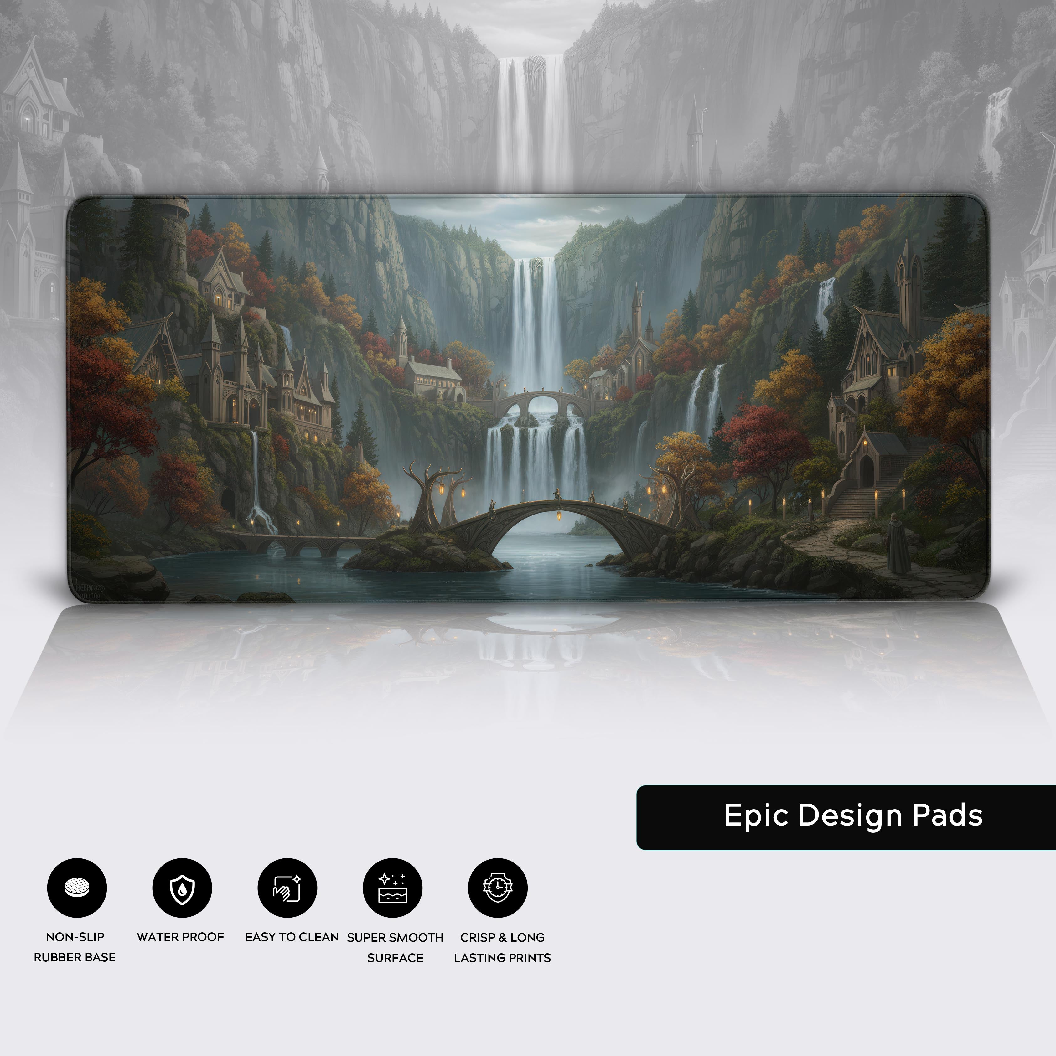Close-up of the Elven Falls fantasy desk mat, highlighting the detailed art, durable stitched edges, and non-slip rubber base. - Epic Design Pads