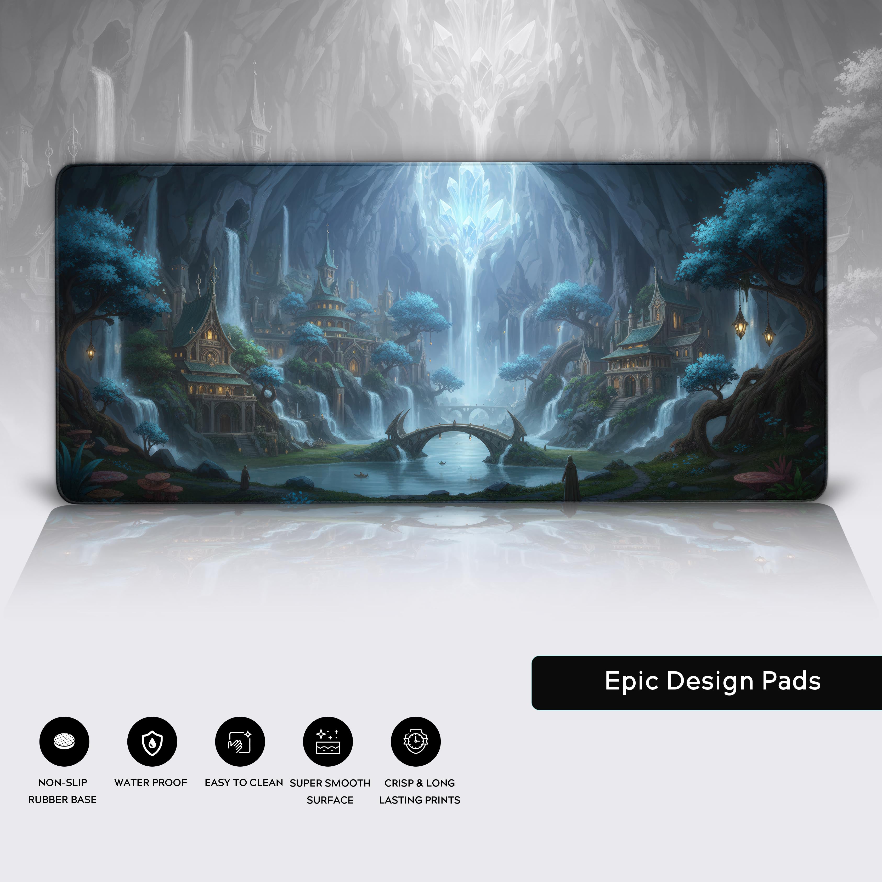 Close-up of the Crystal Grotto desk mat showing the detailed art, stitched edges, and smooth, water-resistant surface. - Epic Design Pads