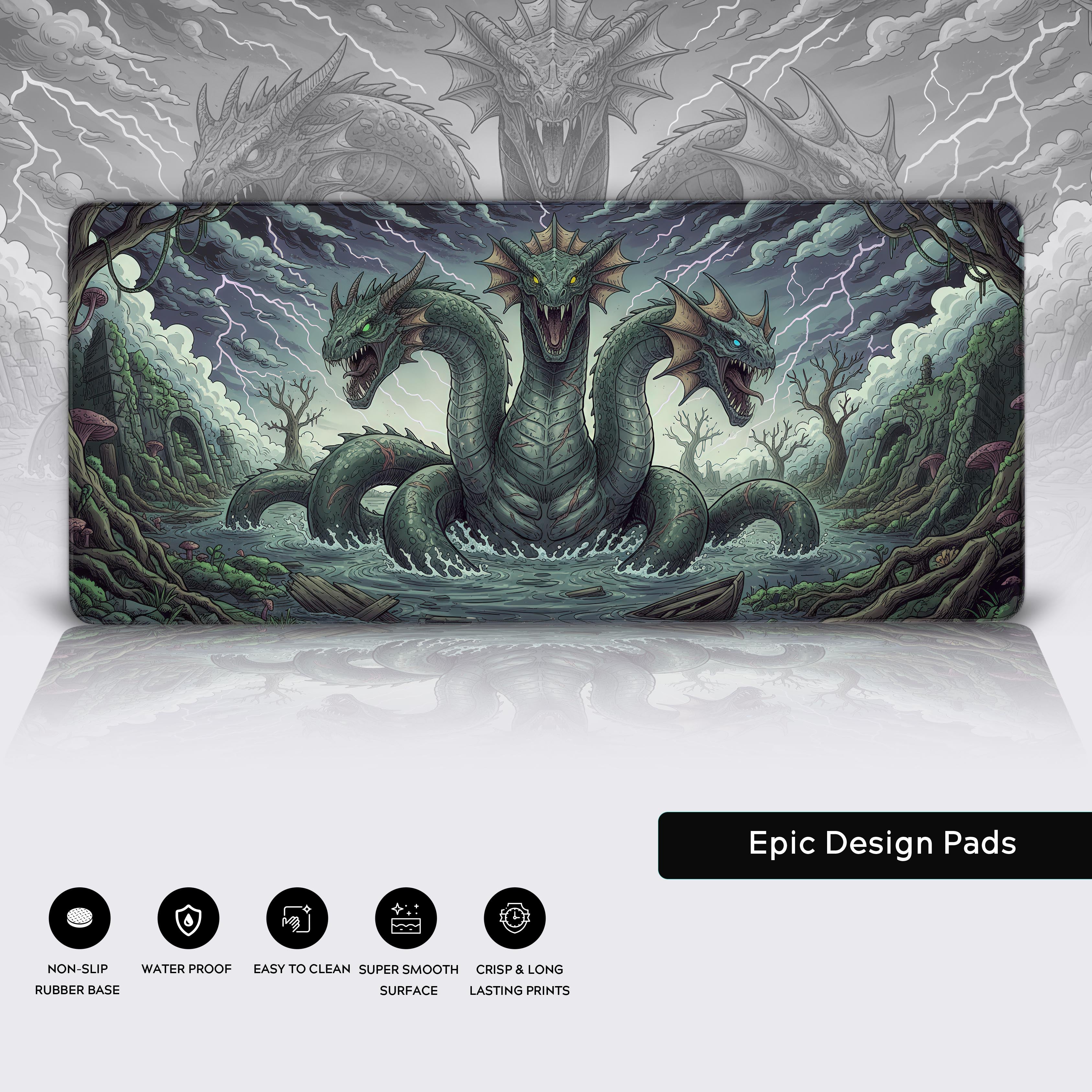 Close-up of the Hydra's Fury gaming desk mat showcasing its high-quality stitched edges, water-resistant fabric, and non-slip rubber base. - Epic Design Pads