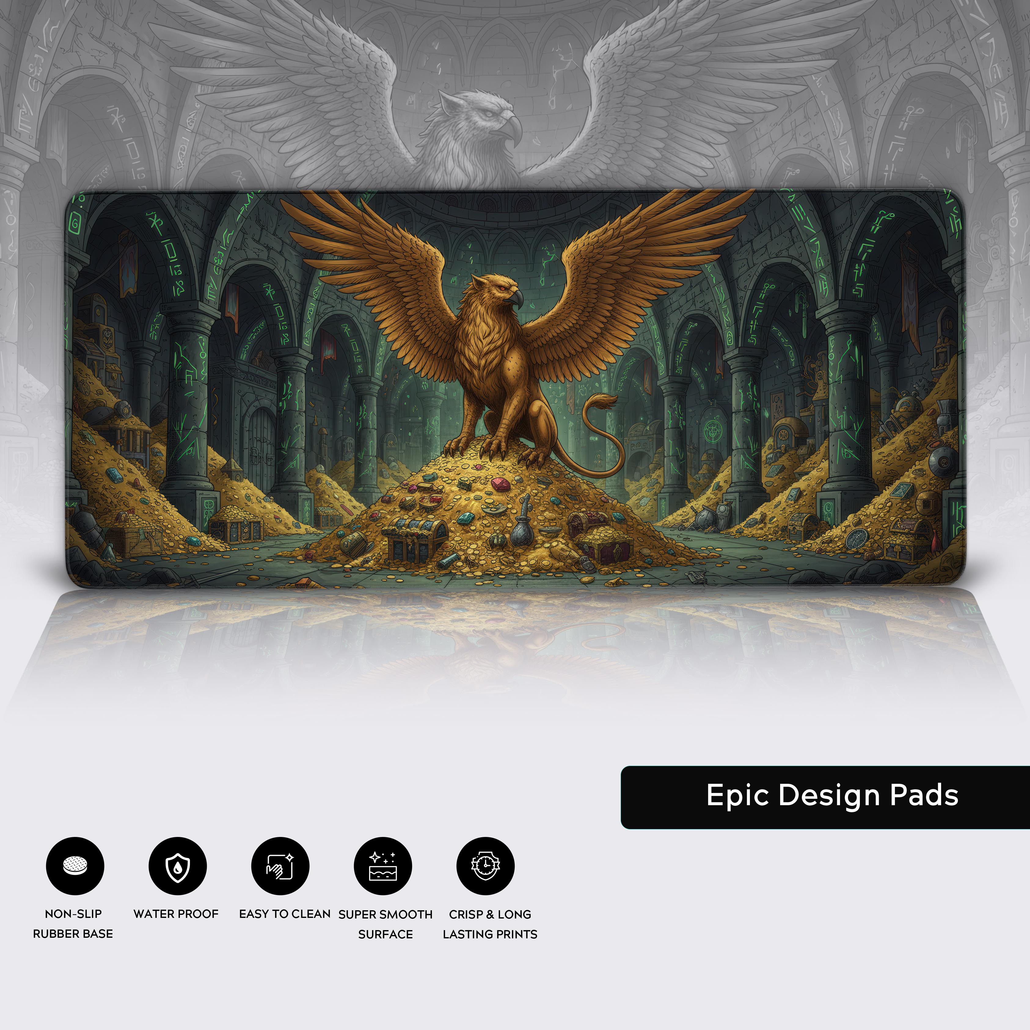 Close-up of the Griffon gaming desk mat showing durable stitched edges, water-resistant surface, and a non-slip rubber base. - Epic Design Pads