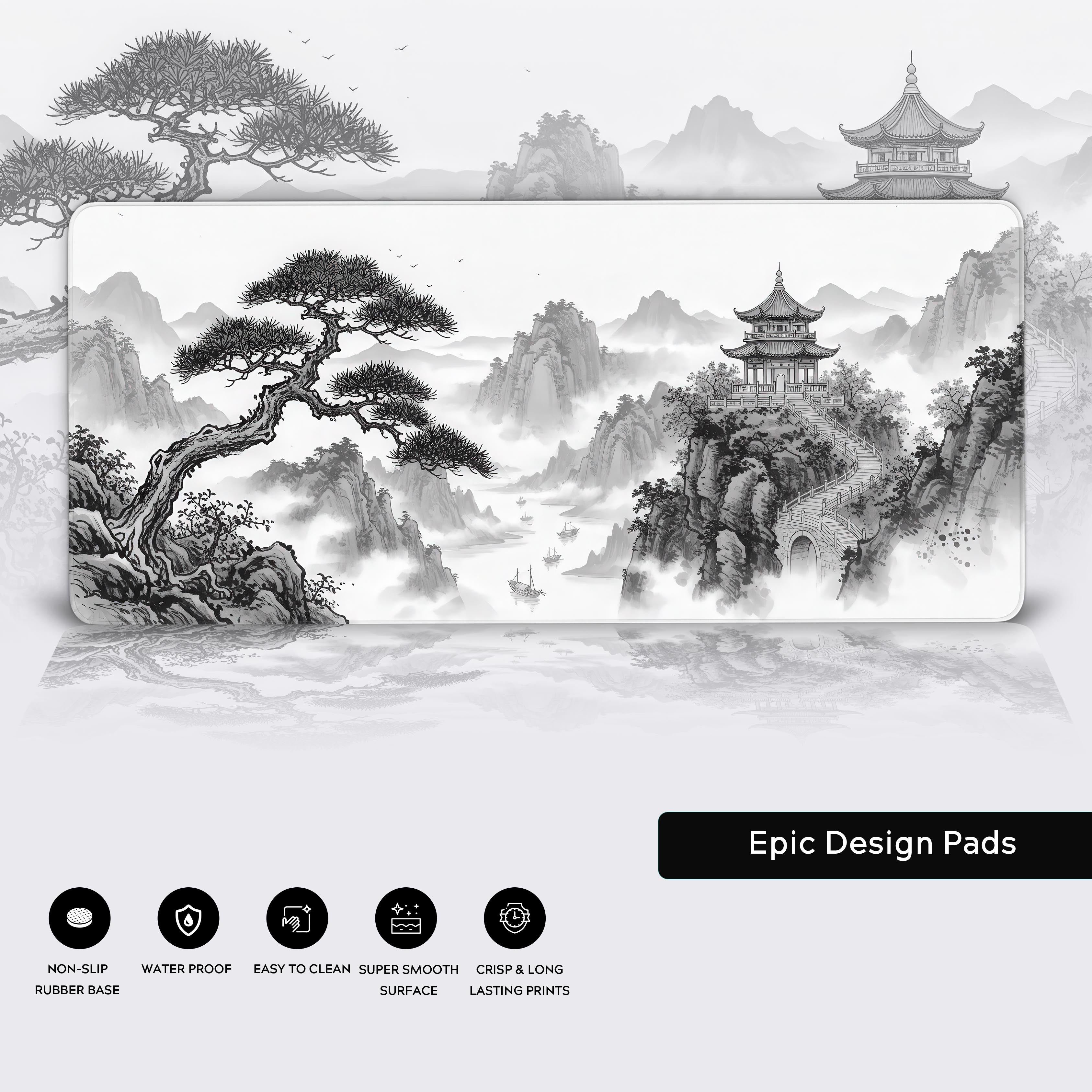 Mountain Pagoda desk mat showcasing the fine details of the stitched edges, water-resistant surface, and non-slip base. - Epic Design Pads