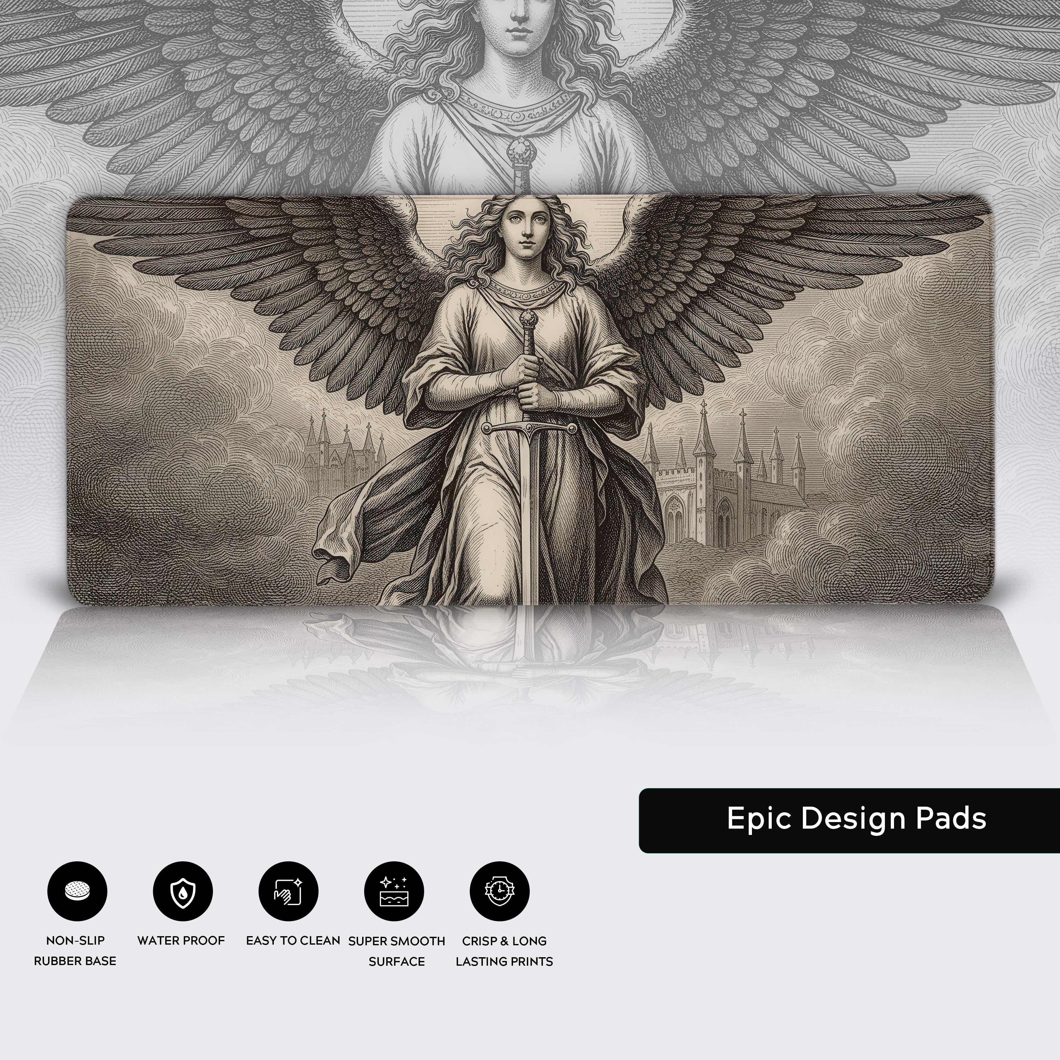 Close-up of the Winged Sentinel angel desk mat. Highlights the water-resistant surface, durable stitched edges, and non-slip rubber base for stability. - Epic Design Pads