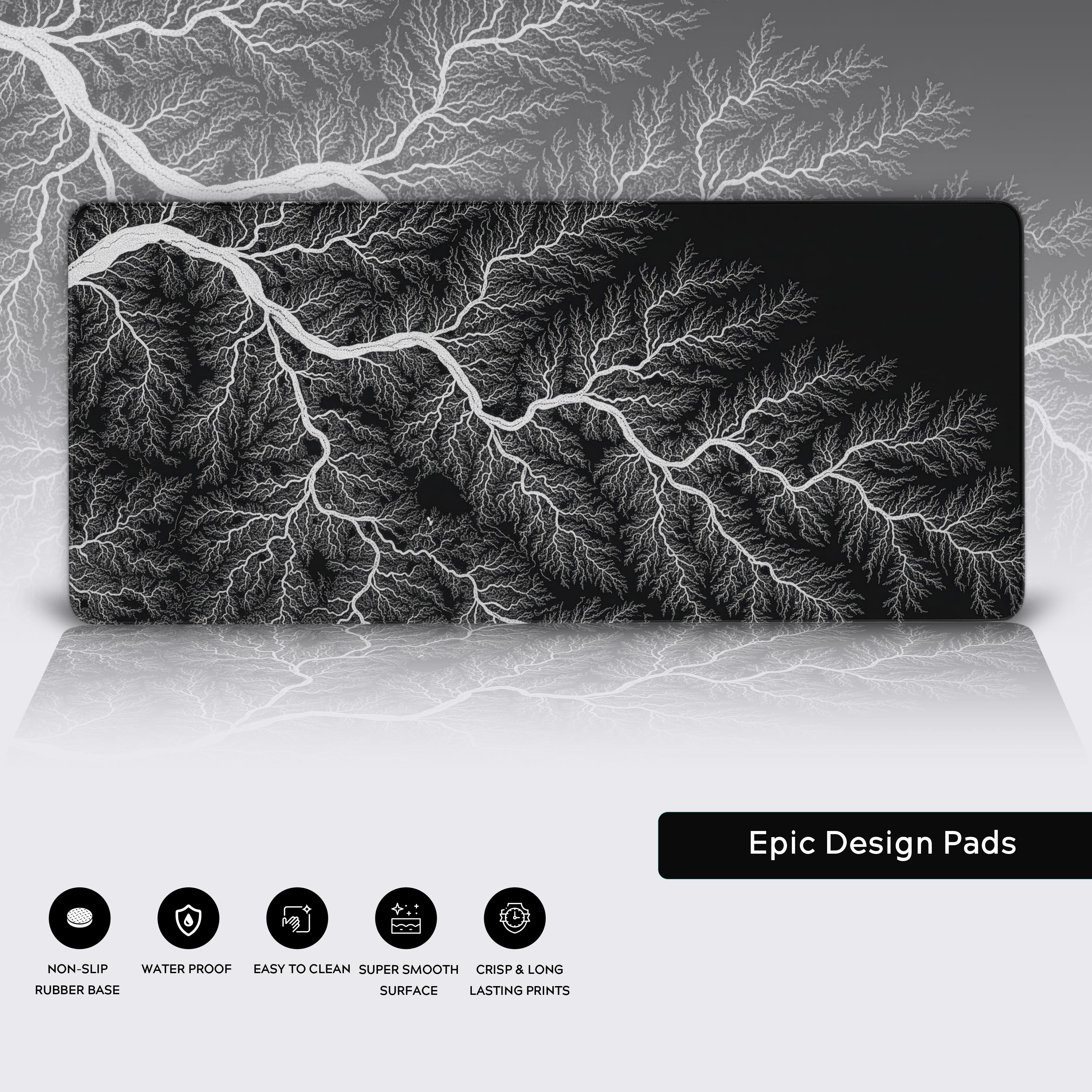 Close-up of the Winter Branches desk mat highlighting the durable stitched edges, non-slip rubber base, and smooth surface of the monochrome mouse pad. - Epic Design Pads
