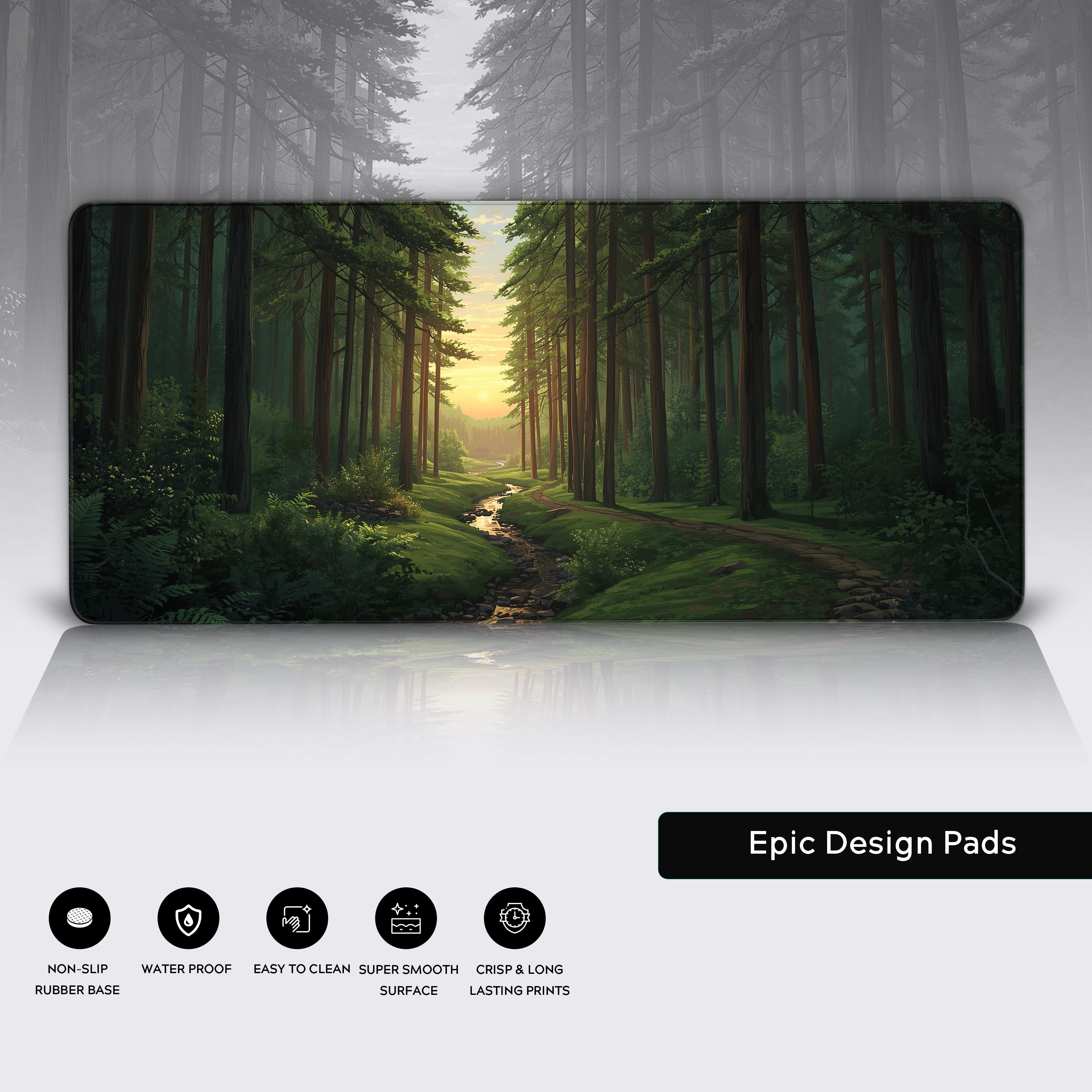 Close-up of the Whispering Woods forest desk mat, highlighting the durable stitched edges and the non-slip rubber base for stability. - Epic Design Pads