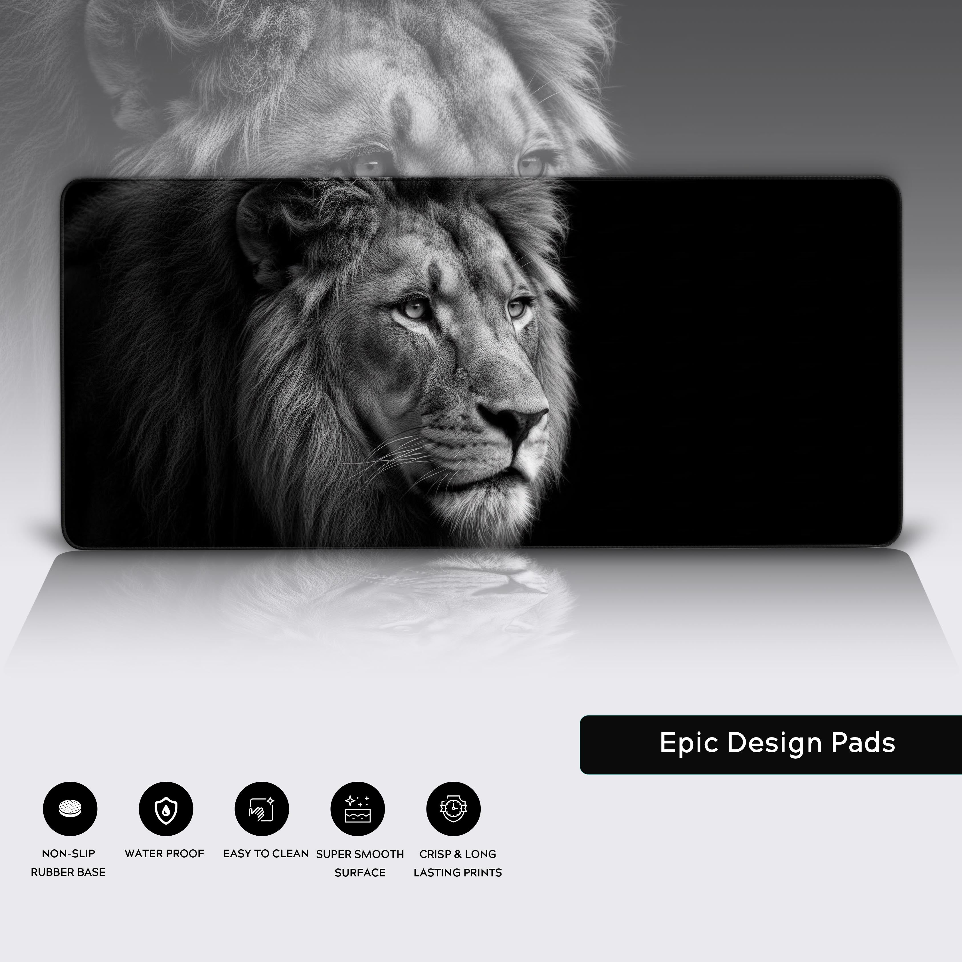 Close-up of the Regal Gaze lion desk mat, highlighting the durable anti-fray stitched edges and the textured non-slip rubber base for stability. - Epic Design Pads