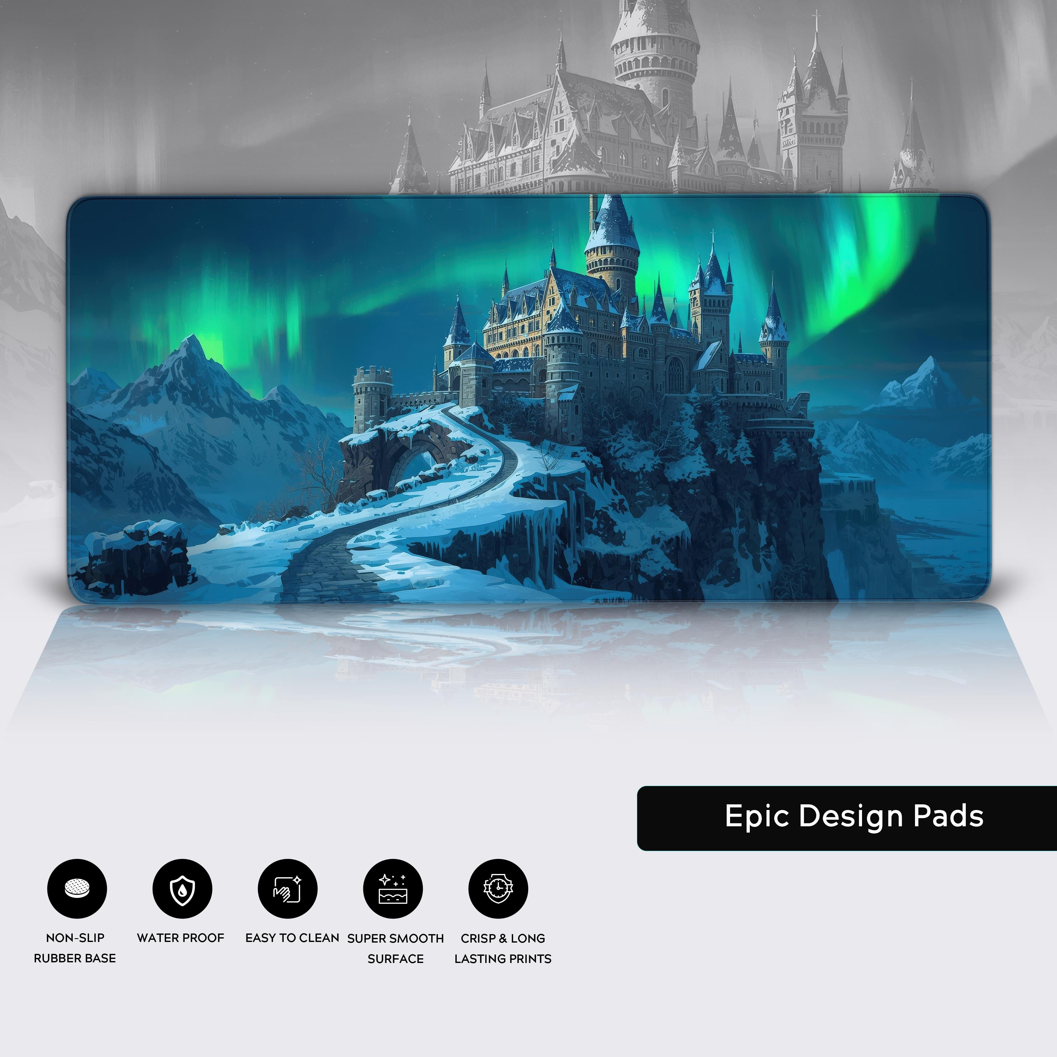 Close-up of the Aurora Citadel fantasy desk mat, highlighting the durable stitched edges, smooth cloth surface, and non-slip rubber base for gaming. - Epic Design Pads