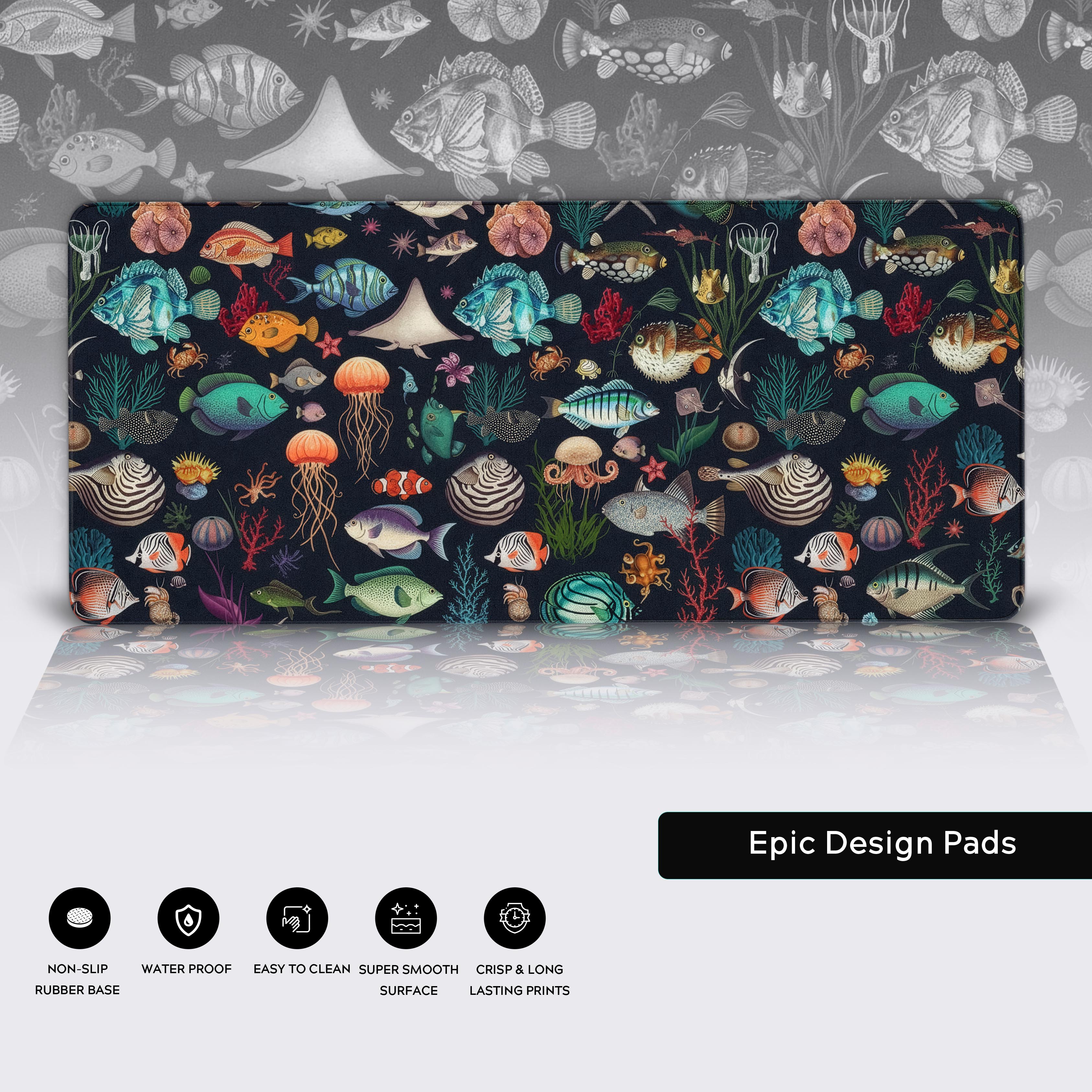 Close-up of the Coral Realm desk mat showcasing the detailed ocean pattern, durable anti-fray stitched edges, and non-slip rubber base. - Epic Design Pads