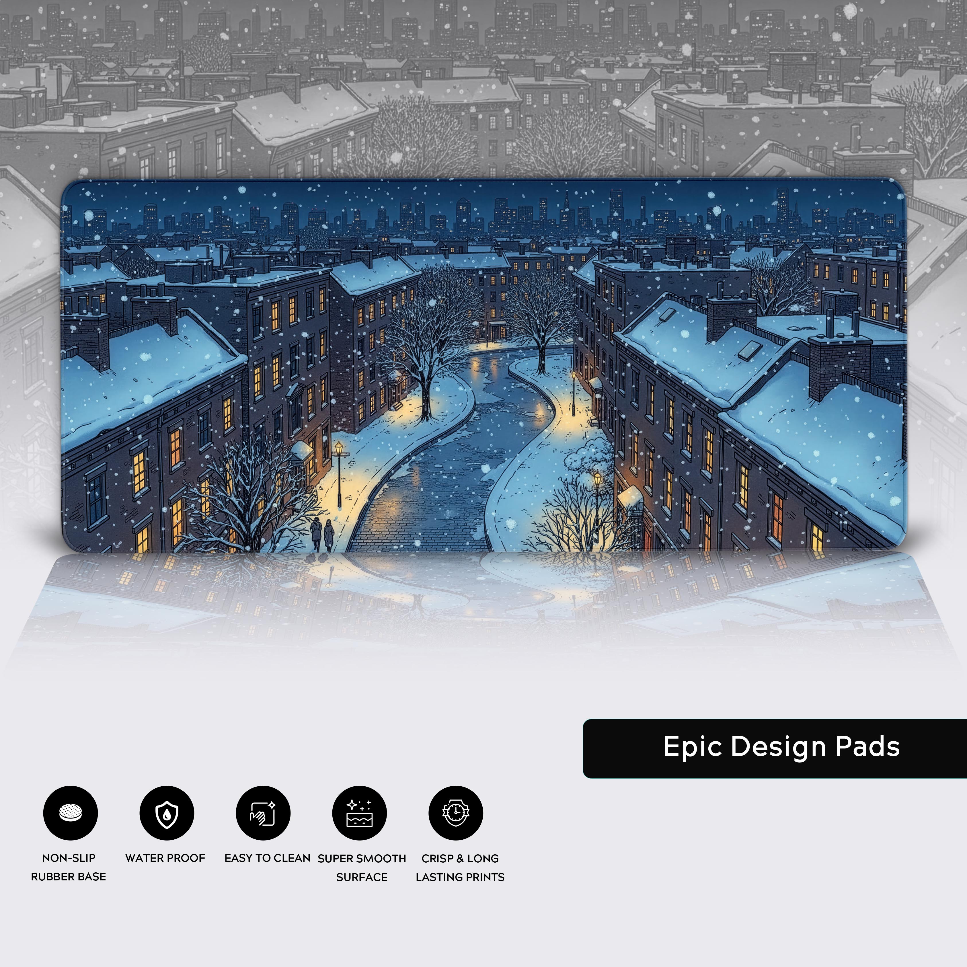 Close-up of the Winter Cityscape desk mat showcasing the high-quality stitched edges, smooth cloth surface, and non-slip rubber base. - Epic Design Pads