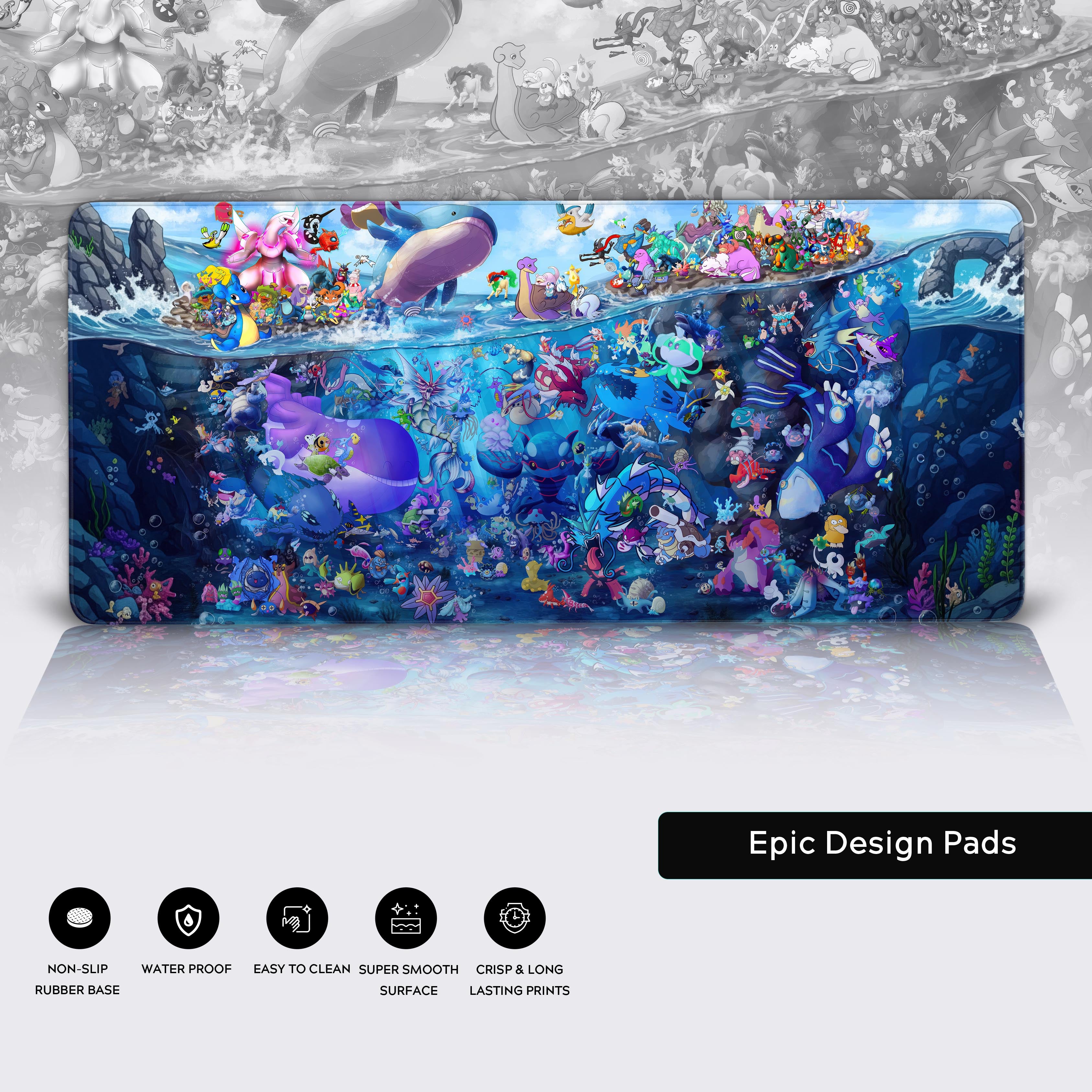 Close-up of the Aqua Region Pokémon desk mat, highlighting the high-quality stitched edges, smooth fabric surface, and non-slip rubber base. - Epic Design Pads