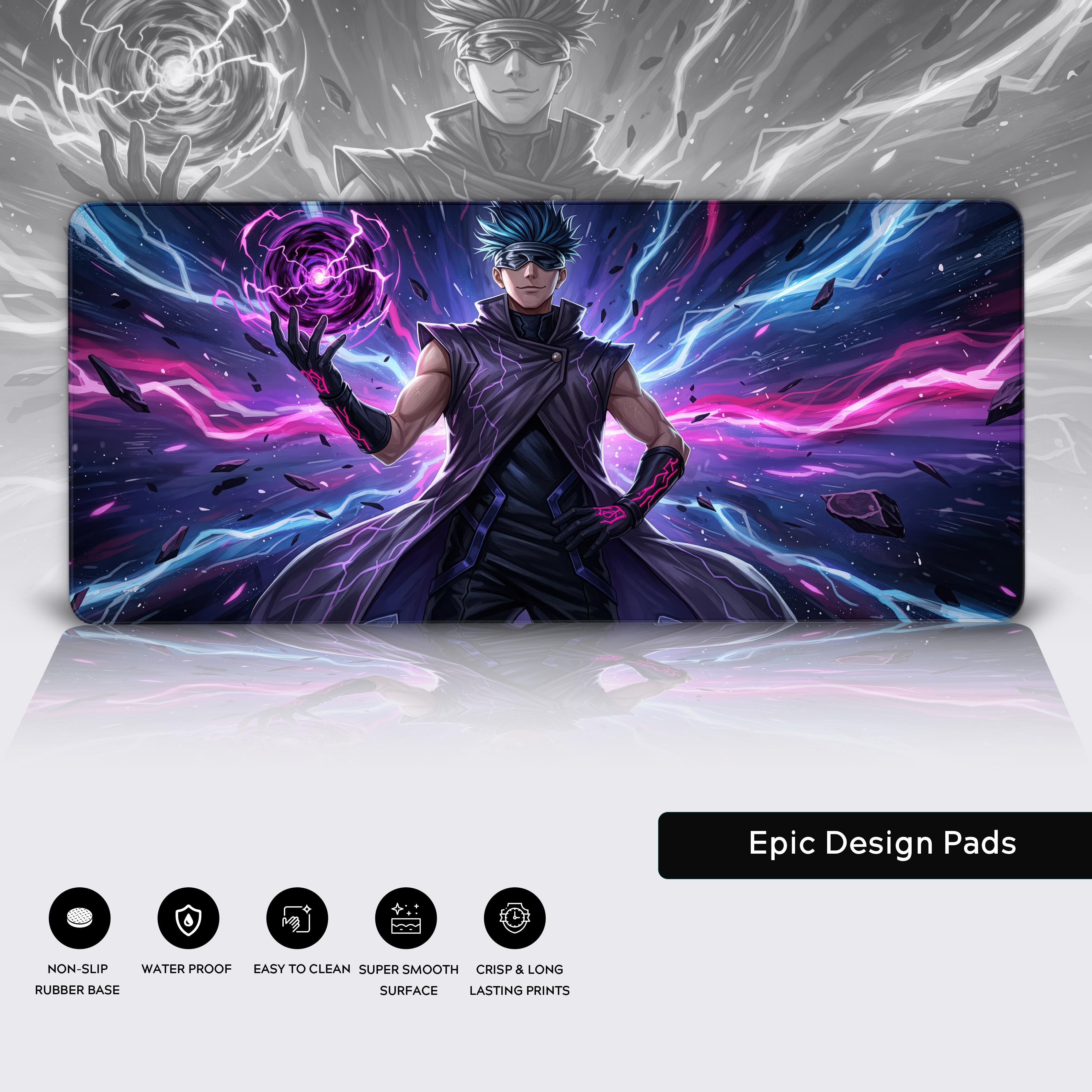 Close-up of the Cursed Power gaming desk mat, highlighting the durable stitched edges, smooth fabric surface, and non-slip rubber base. - Epic Design Pads