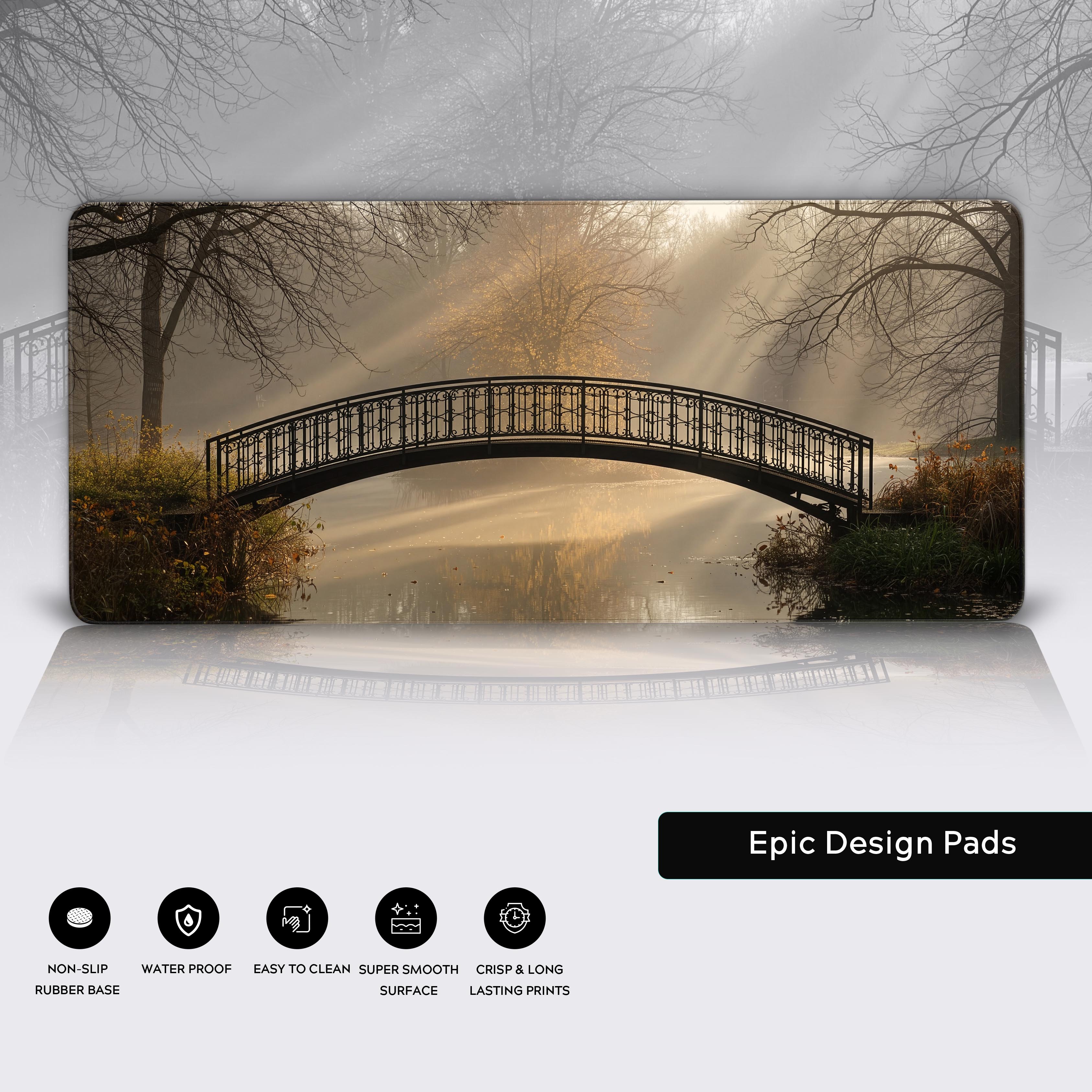 Close-up of the Golden Fog landscape desk mat showcasing its durable anti-fray stitched edges and smooth, high-quality surface. - Epic Design Pads