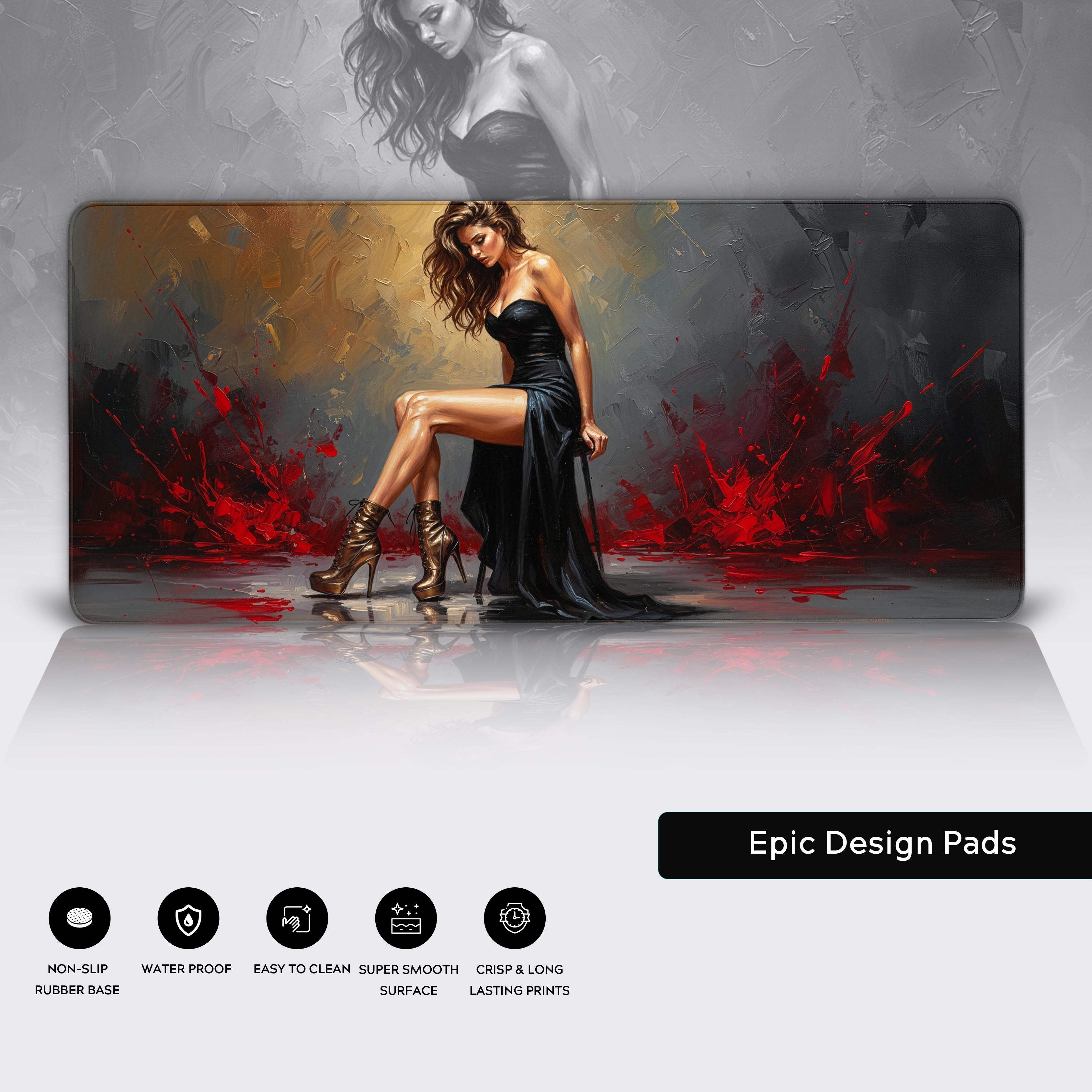 Gilded Noir large mouse pad close-up, showcasing the premium stitched edges, smooth fabric surface, and non-slip rubber base. - Epic Design Pads