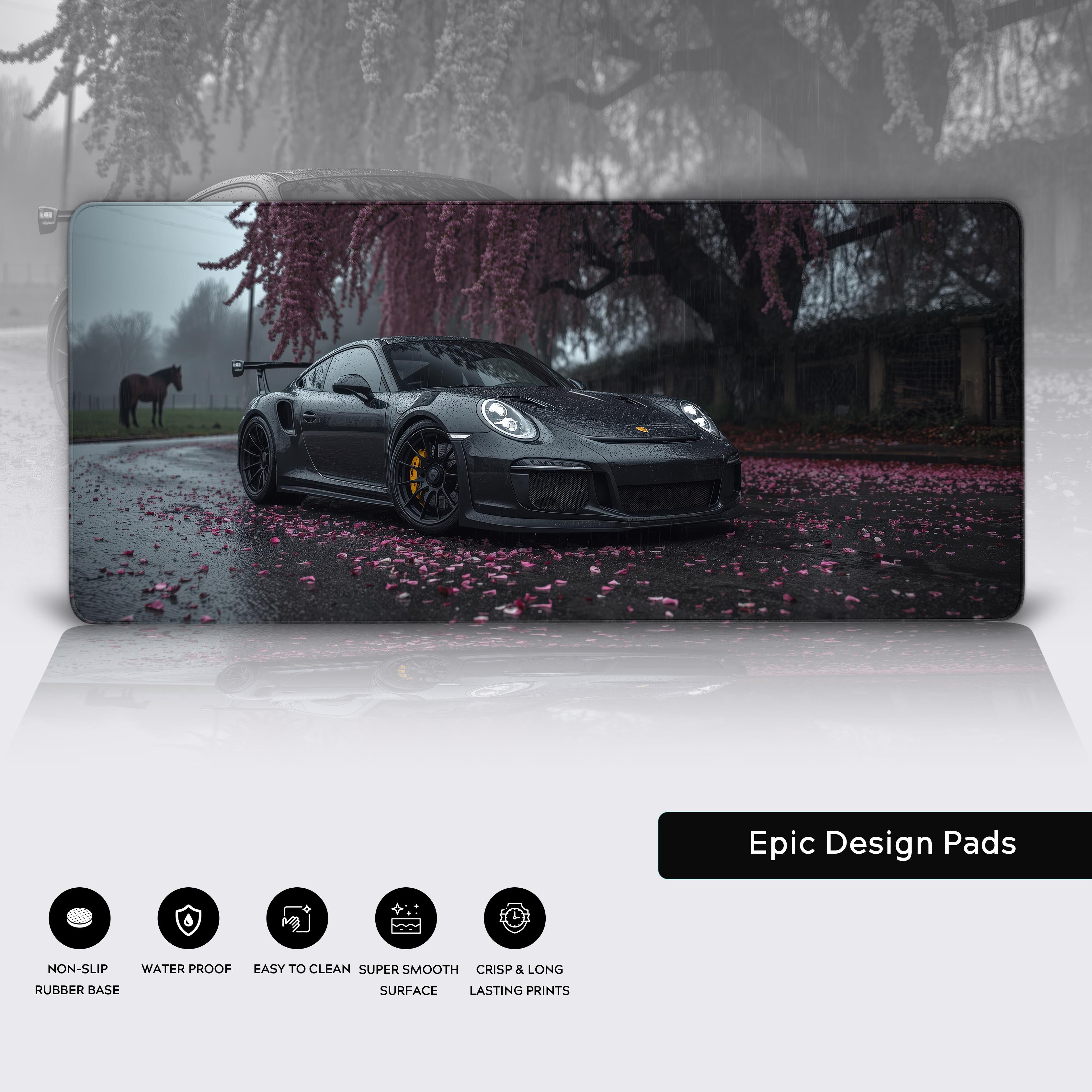 Close-up of the Sakura Velocity Porsche desk mat, highlighting the high-quality stitched edges, waterproof surface, and non-slip rubber base. - Epic Design Pads