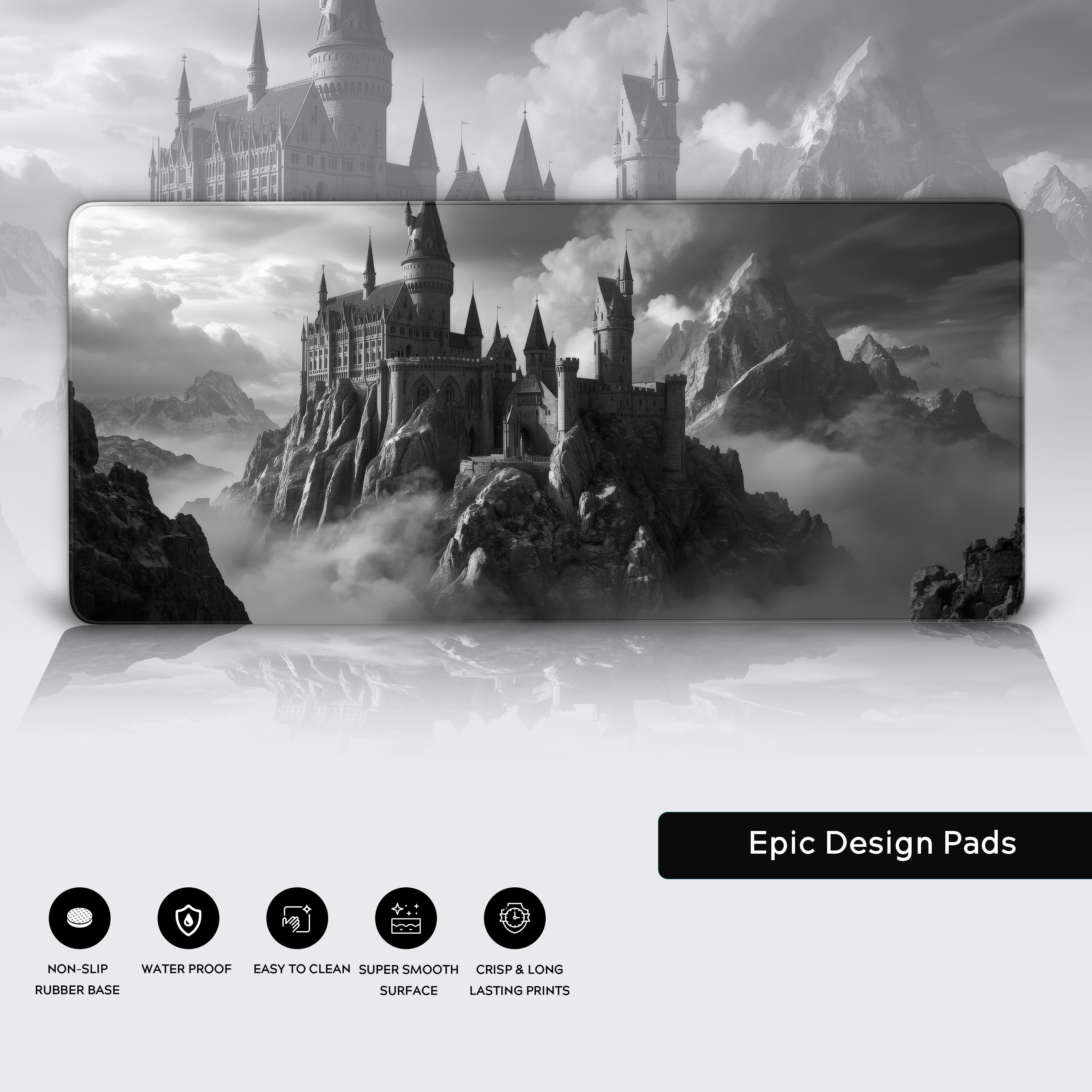 Close-up of the Shadow Spire gothic gaming desk mat showing durable stitched edges and the non-slip rubber base for stability. - Epic Design Pads