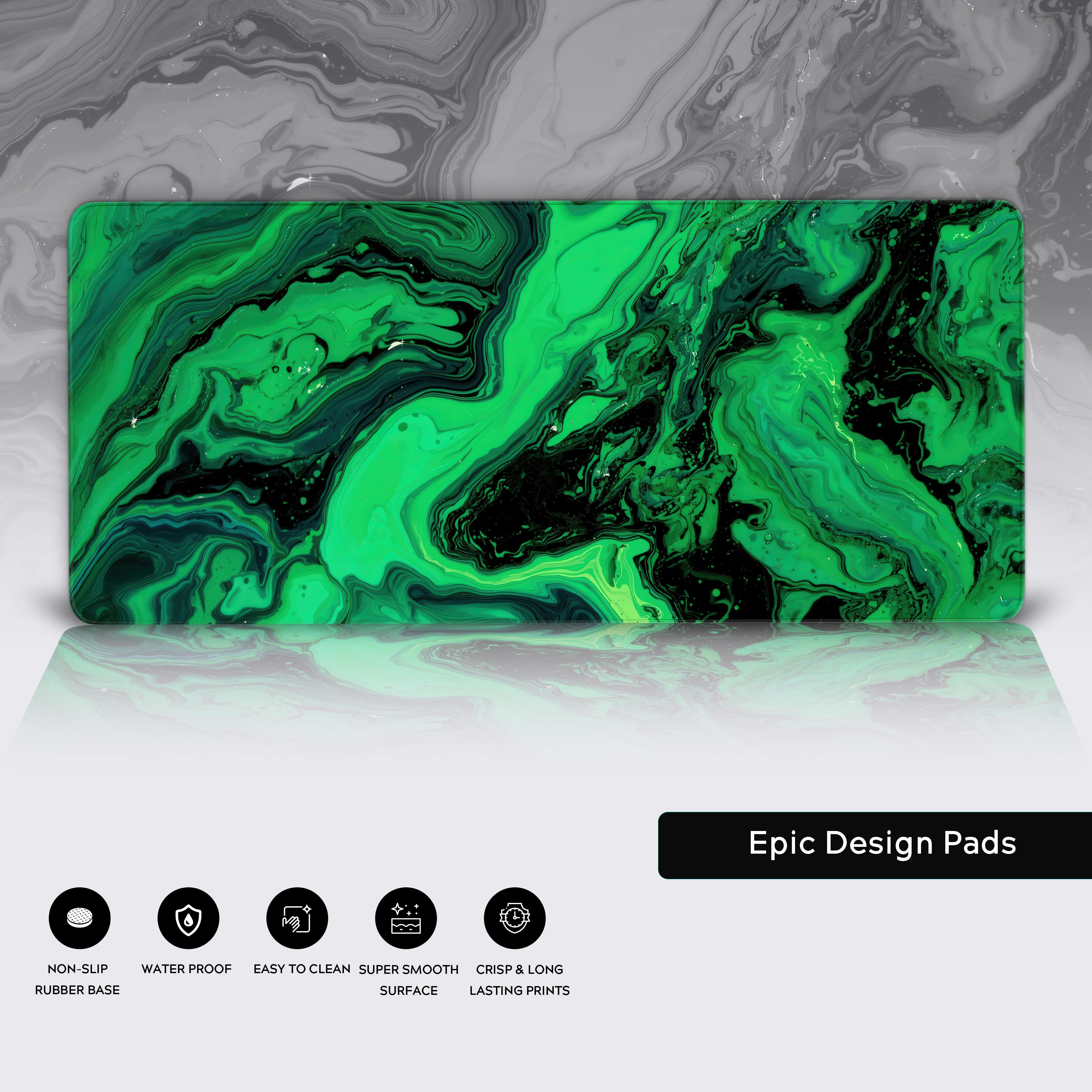 Close-up of the Liquid Green gaming mouse pad showing its durable stitched edges, water-resistant surface, and non-slip rubber base. - Epic Design Pads