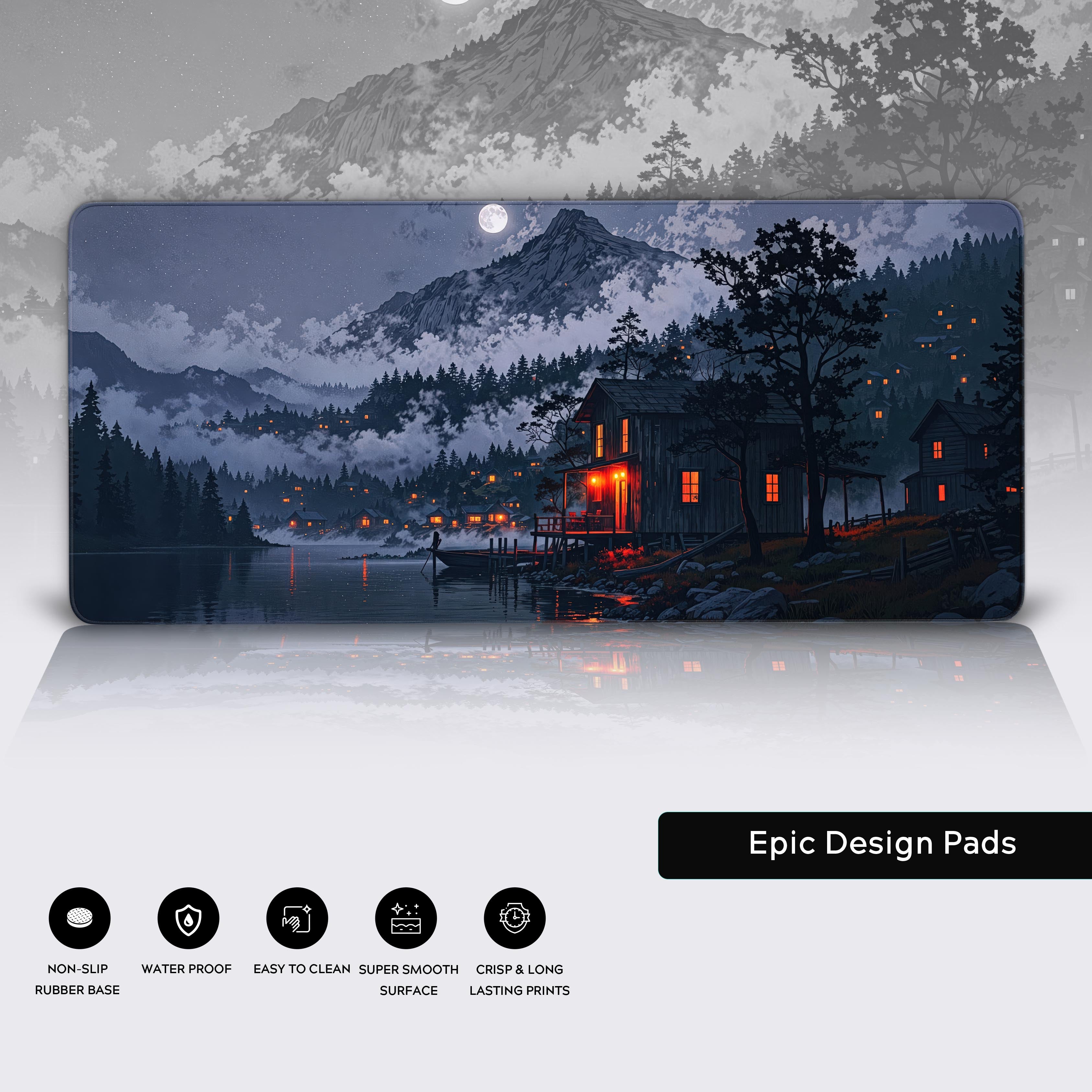 Misty Hamlet desk mat showing moonlit village art – extended mouse pad with durable stitched edges and non-slip rubber base. - Epic Design Pads