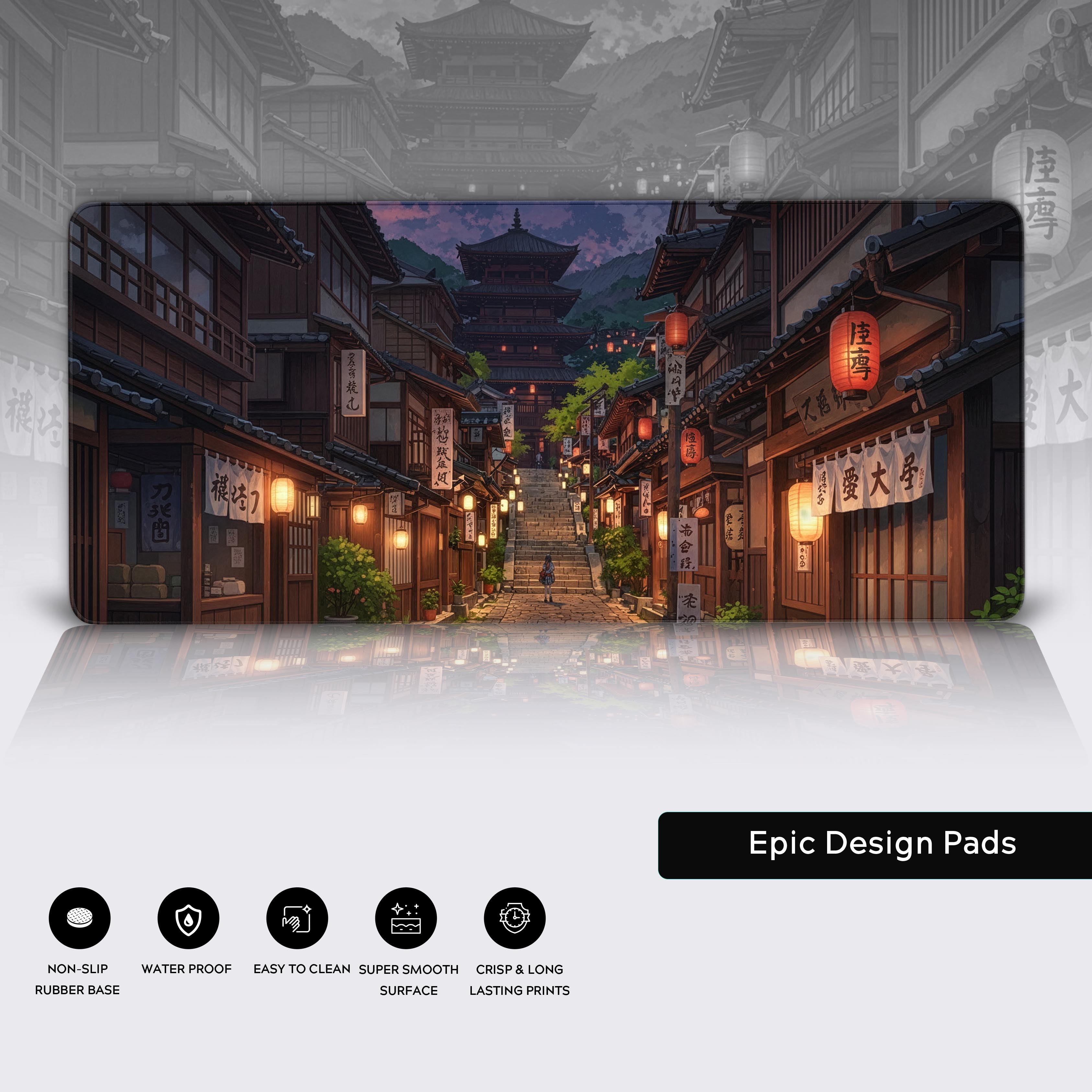 Close-up of the Temple's Ascent anime desk mat, highlighting the high-quality stitched edges, non-slip rubber base, and water-resistant surface. - Epic Design Pads