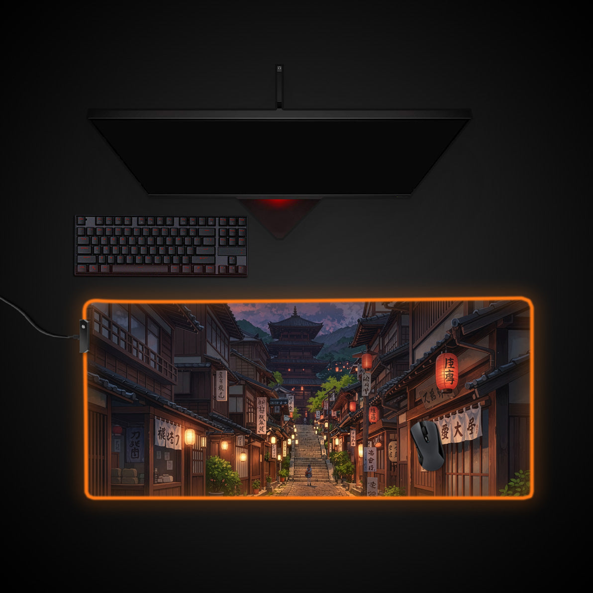 Temple's Ascent desk mat with RGB edge lighting