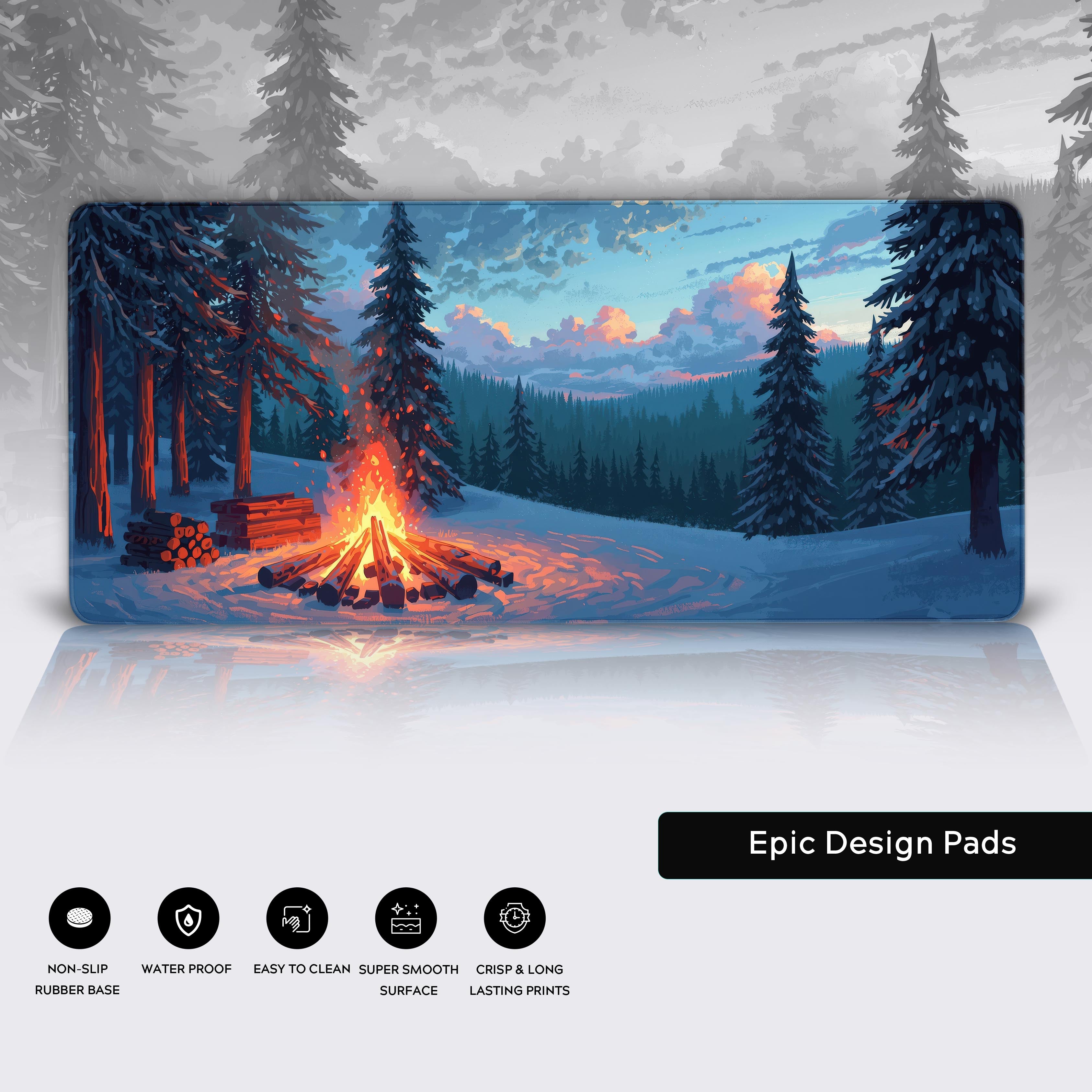 Close-up of the Snowy Glow desk mat showcasing the high-quality stitched edges and non-slip rubber base. - Epic Design Pads