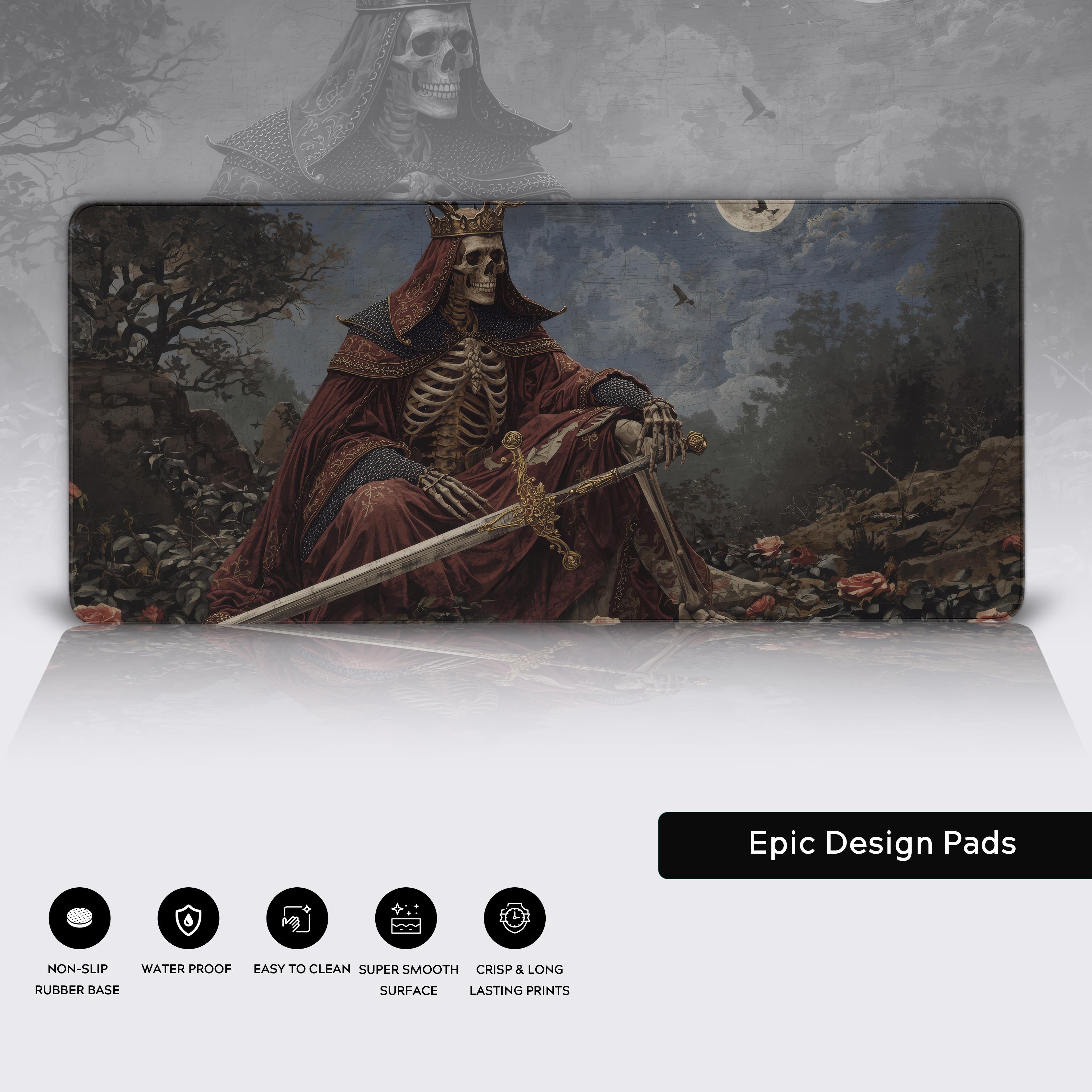 Close-up of the Rose King dark fantasy desk mat, highlighting the high-definition art, anti-fray stitched edges, and non-slip rubber base. - Epic Design Pads